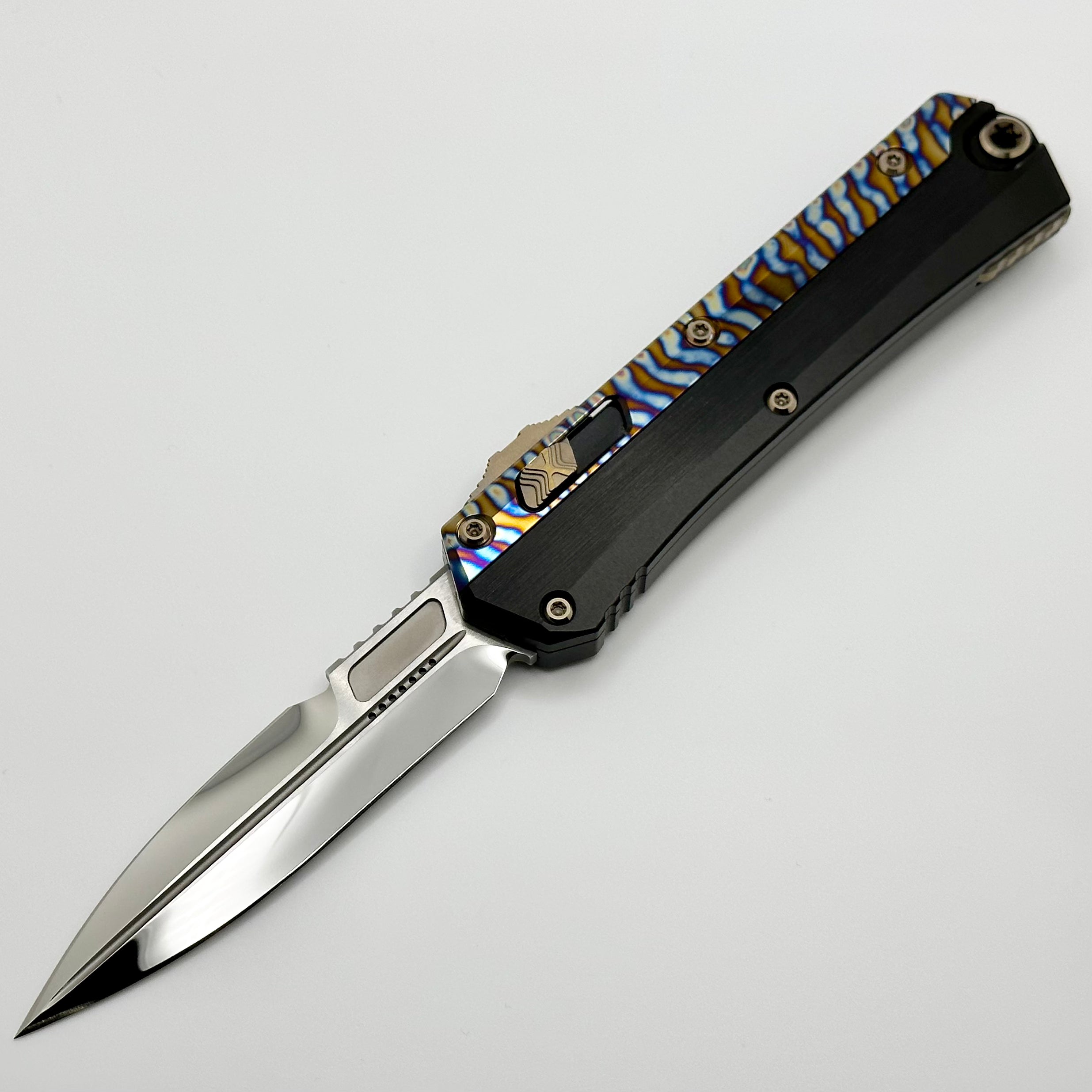 Premium Marfione Custom Glykon Knife - Mirror Polish with Black Aluminum Handle & Flamed Titanium Overlays