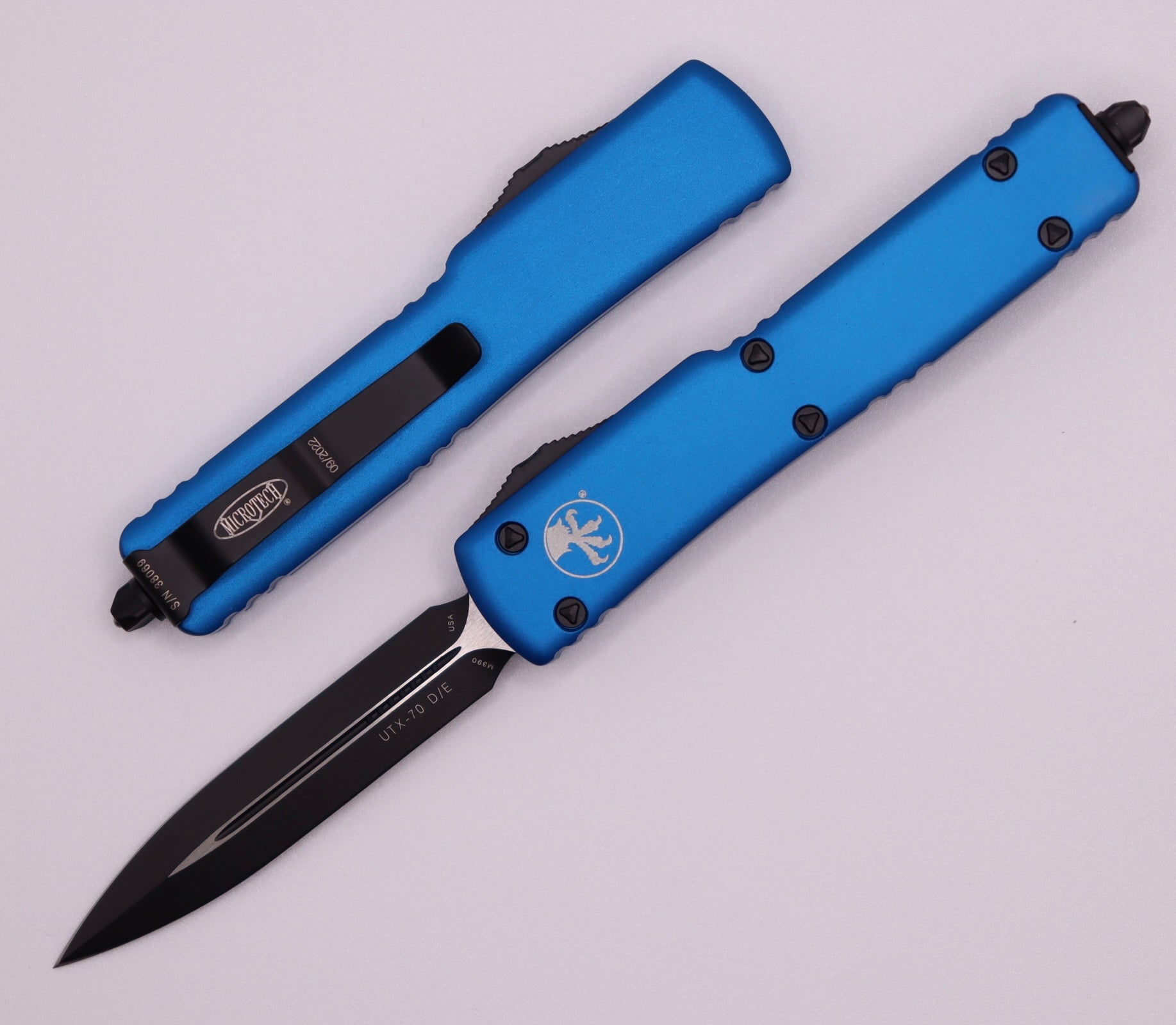 Premium Microtech UTX-70 Double Edge Tactical Knife - Black & Blue