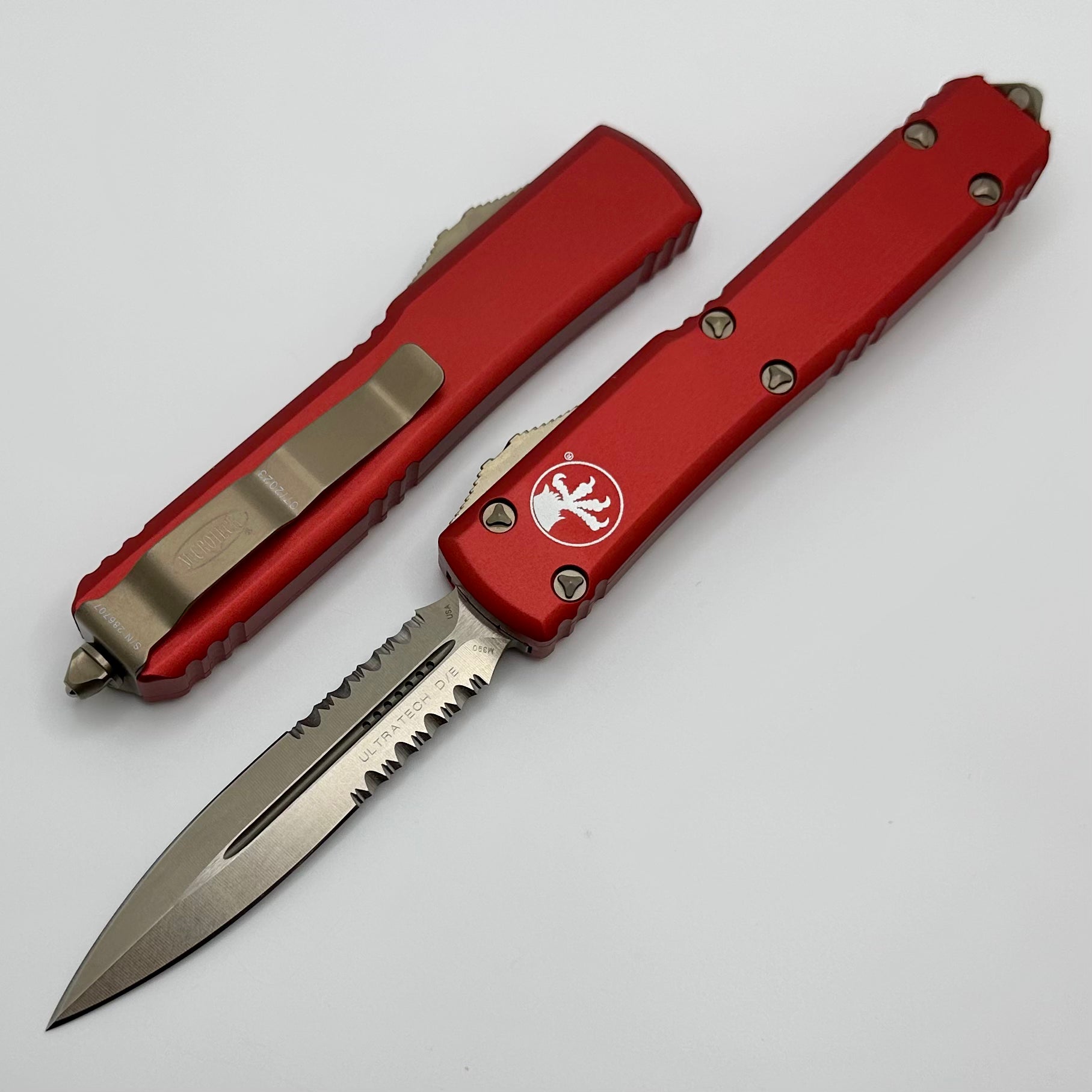 Microtech Ultratech Premium OTF Knife - Bronze & Red Double Edge Serrated