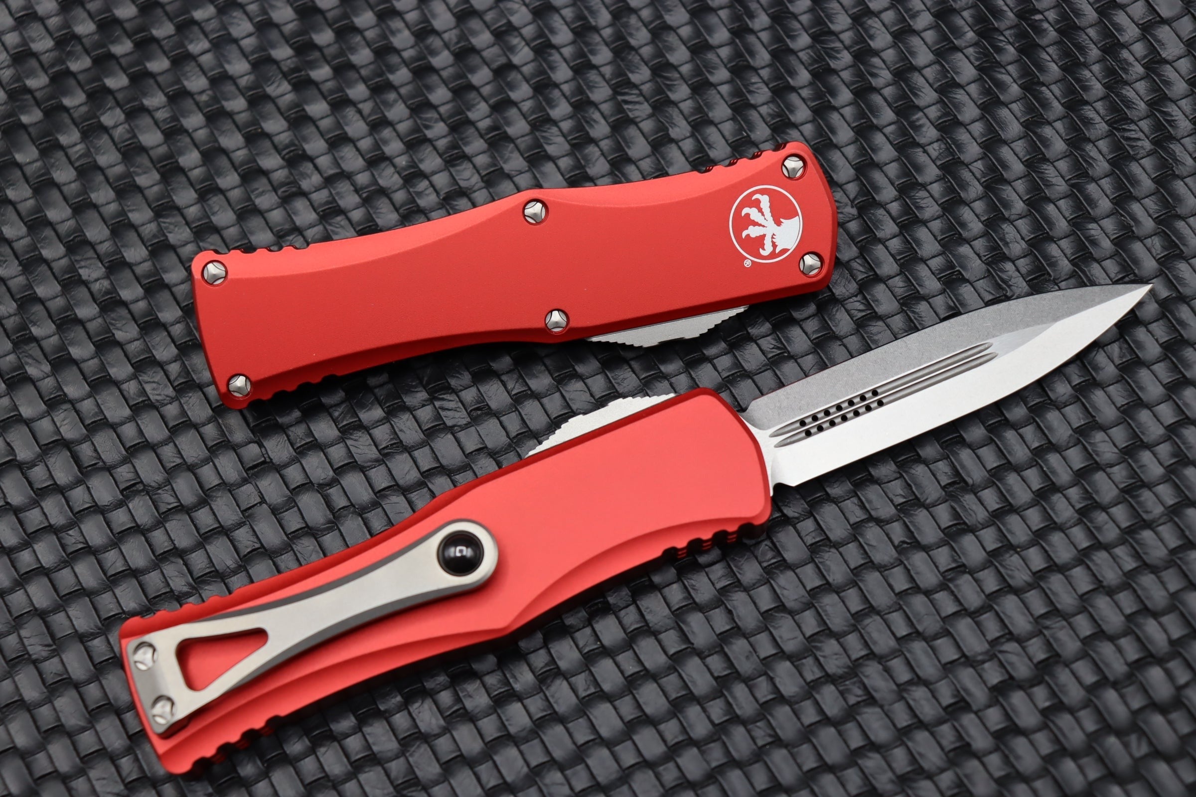 Premium Microtech Hera Double Edge Knife - Ultimate Stonewash & Red Finish