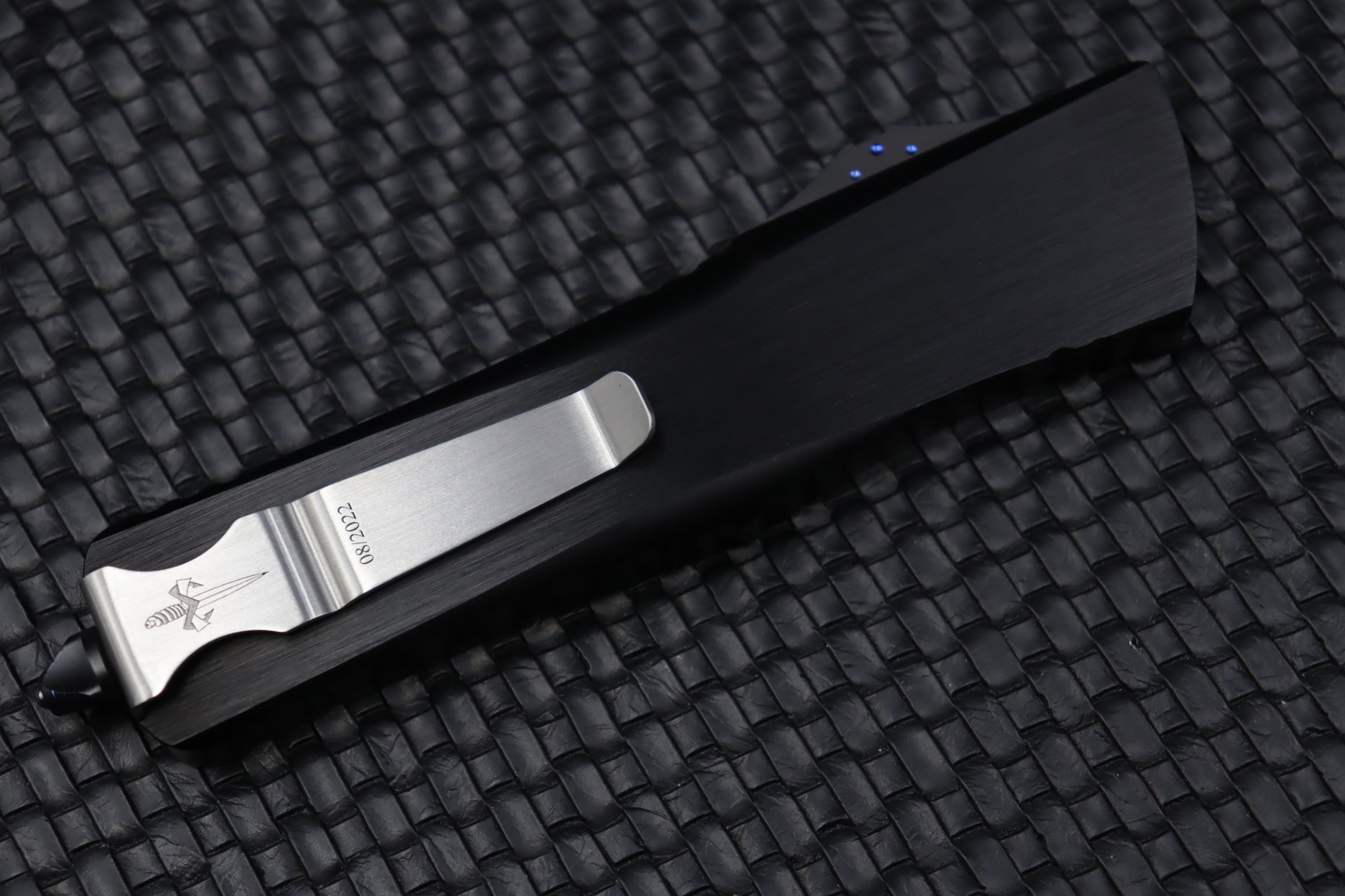 Premium Marfione Custom Combat Troodon Knife - Mirror Polish, Black Handle & Blue Ringed Hardware