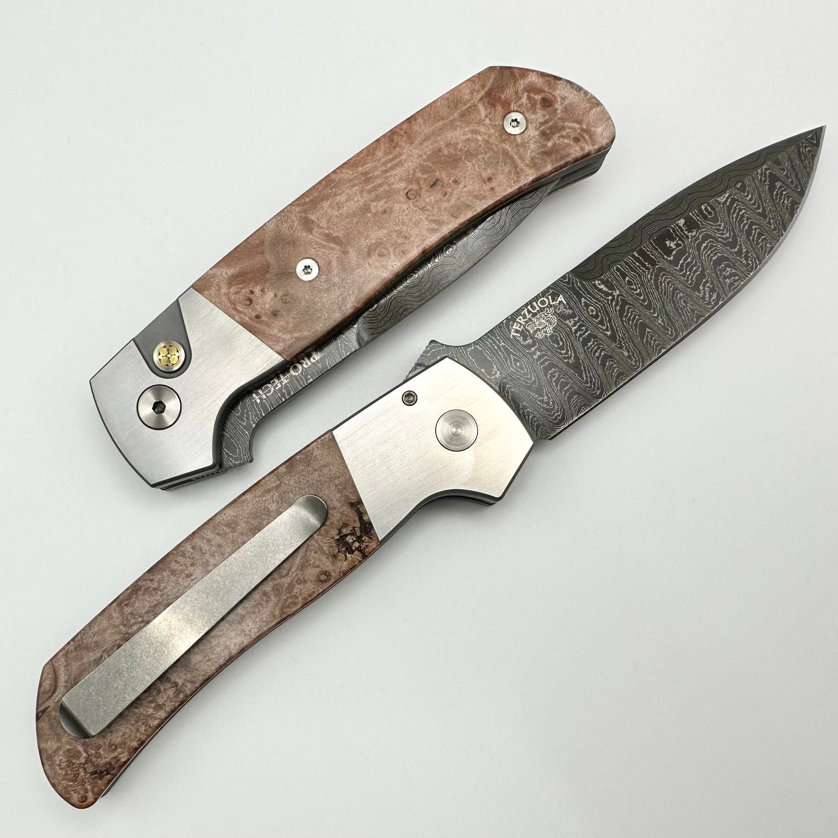 Pro-Tech ATCF Premium Folding Knife - 2-Tone 416 Steel with Maple Burl Inlays & Mosaic Button