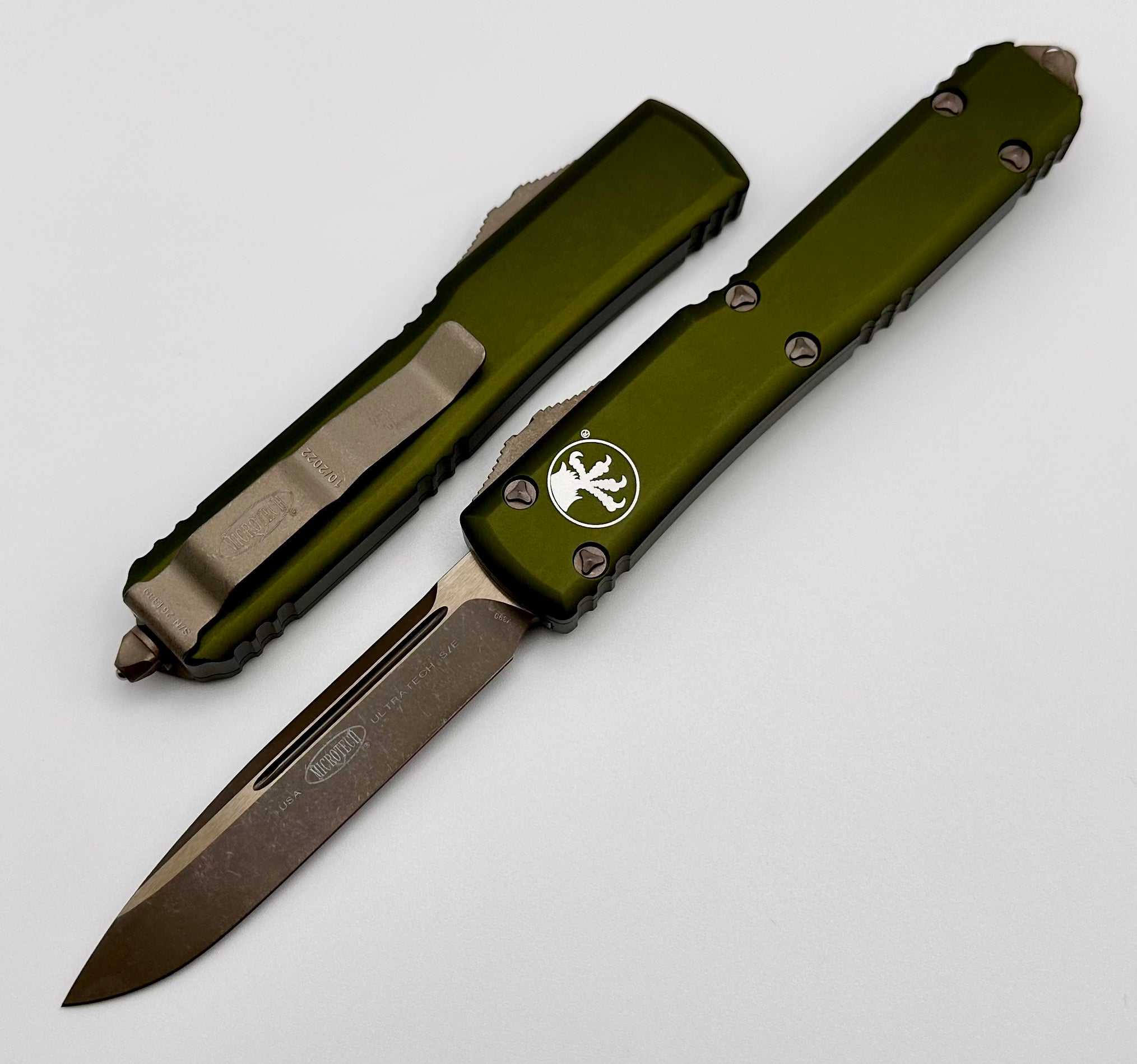 Microtech Ultratech Ultimate Apocalyptic Bronze OTF Knife with OD Green Handle