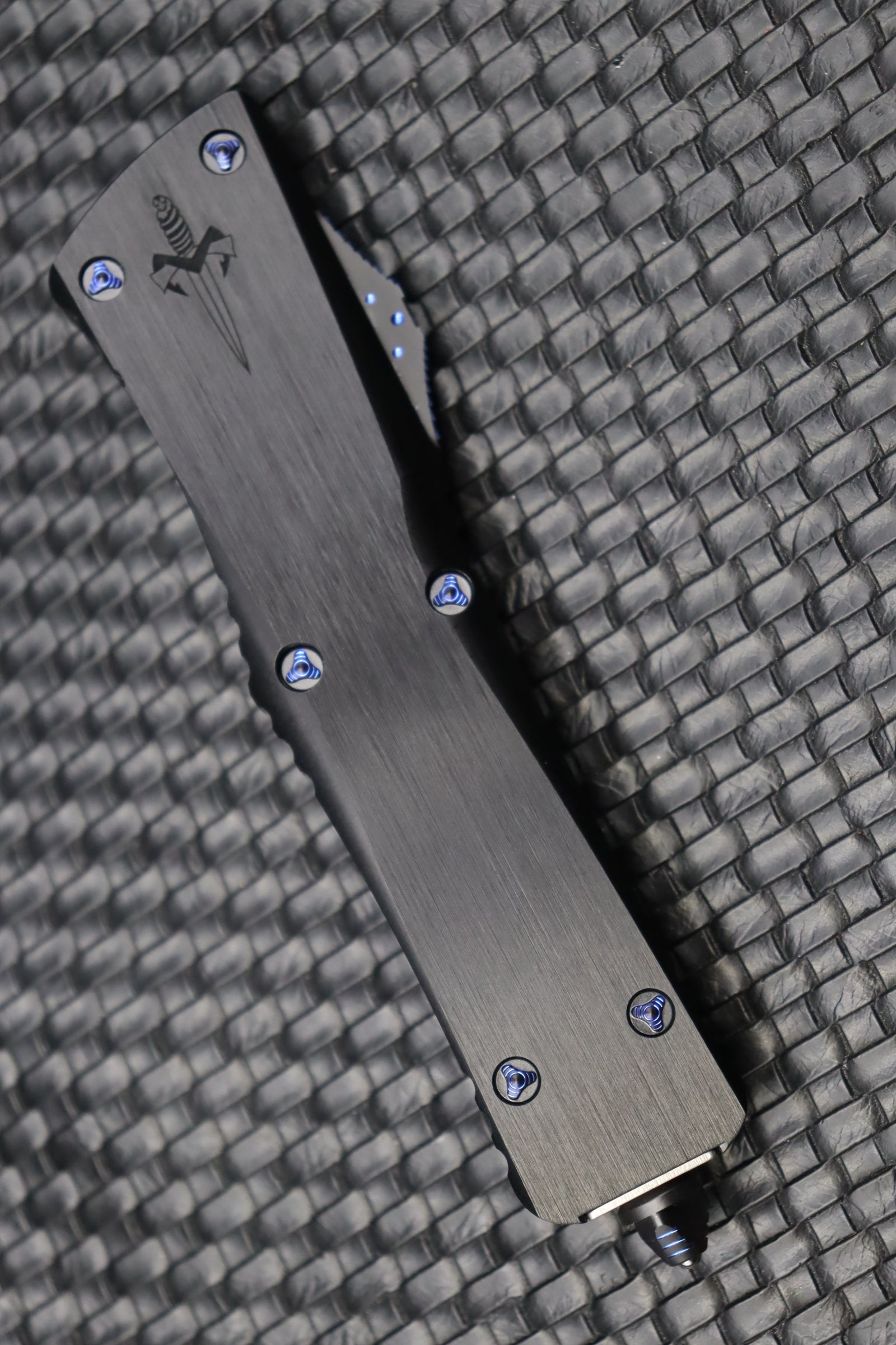 Premium Marfione Custom Combat Troodon Knife - Mirror Polish, Black Handle & Blue Ringed Hardware