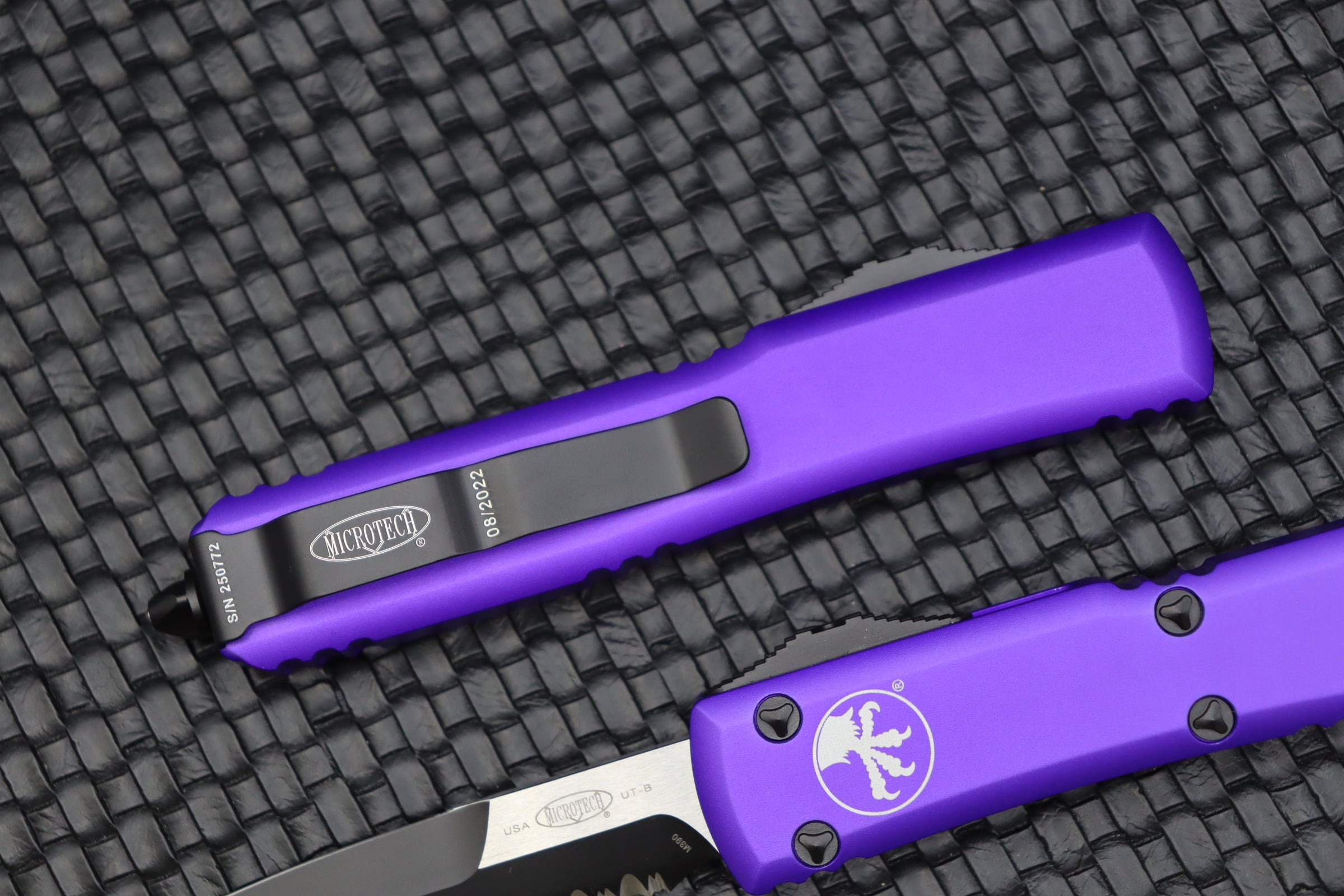 Premium Microtech Ultratech Bayonet Knife - Partial Serrated Blade & Purple Finish