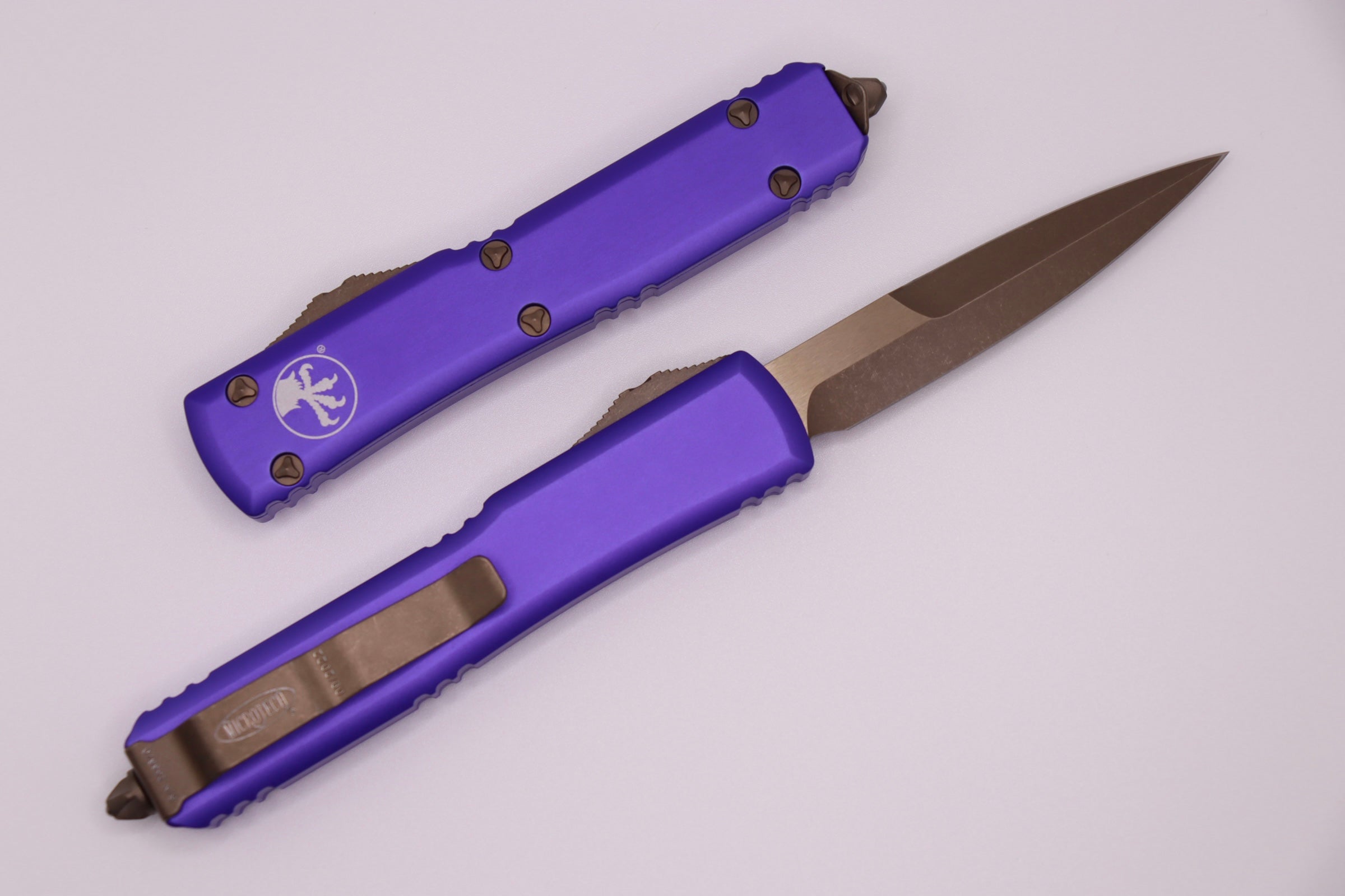 Premium Microtech Ultratech Bronze Apocalyptic OTF Knife with Purple Handle