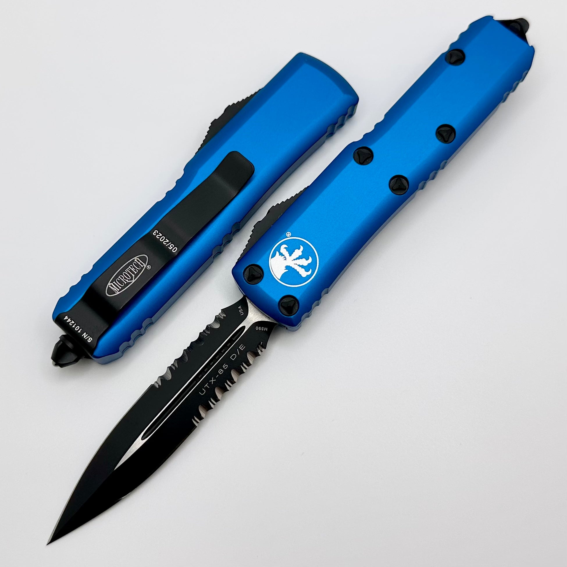 Premium Microtech UTX-85 Tactical Knife - Black Double Edge with Blue Handle