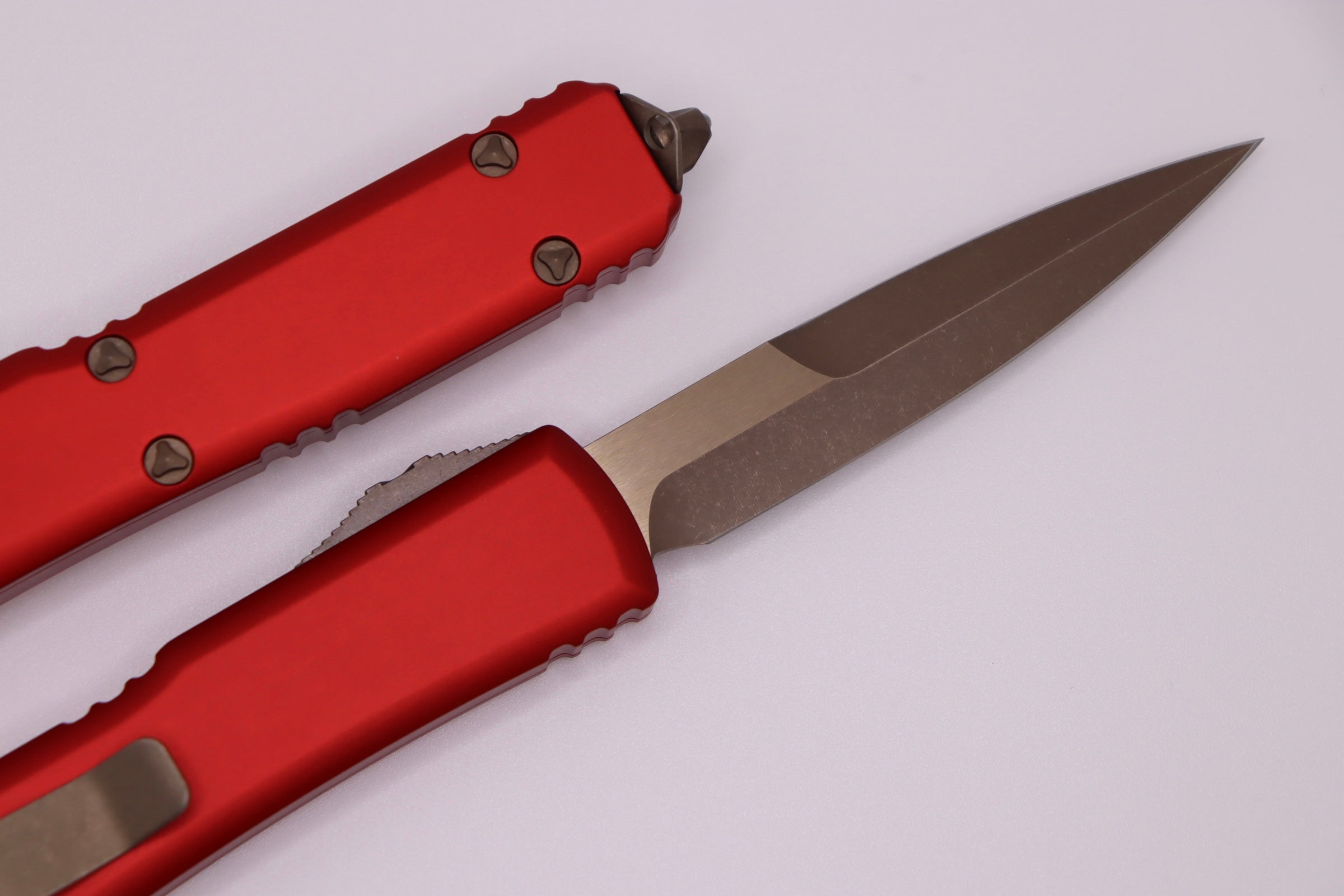 Premium Microtech Ultratech Bronze Apocalyptic OTF Knife with Red Accents