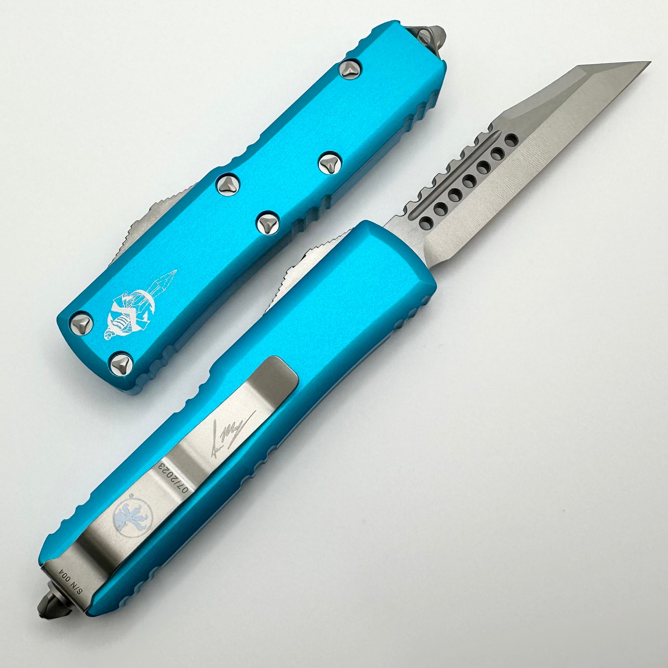 Premium Microtech UTX-85 Warhound Stonewash EDC Knife with Turquoise Signature