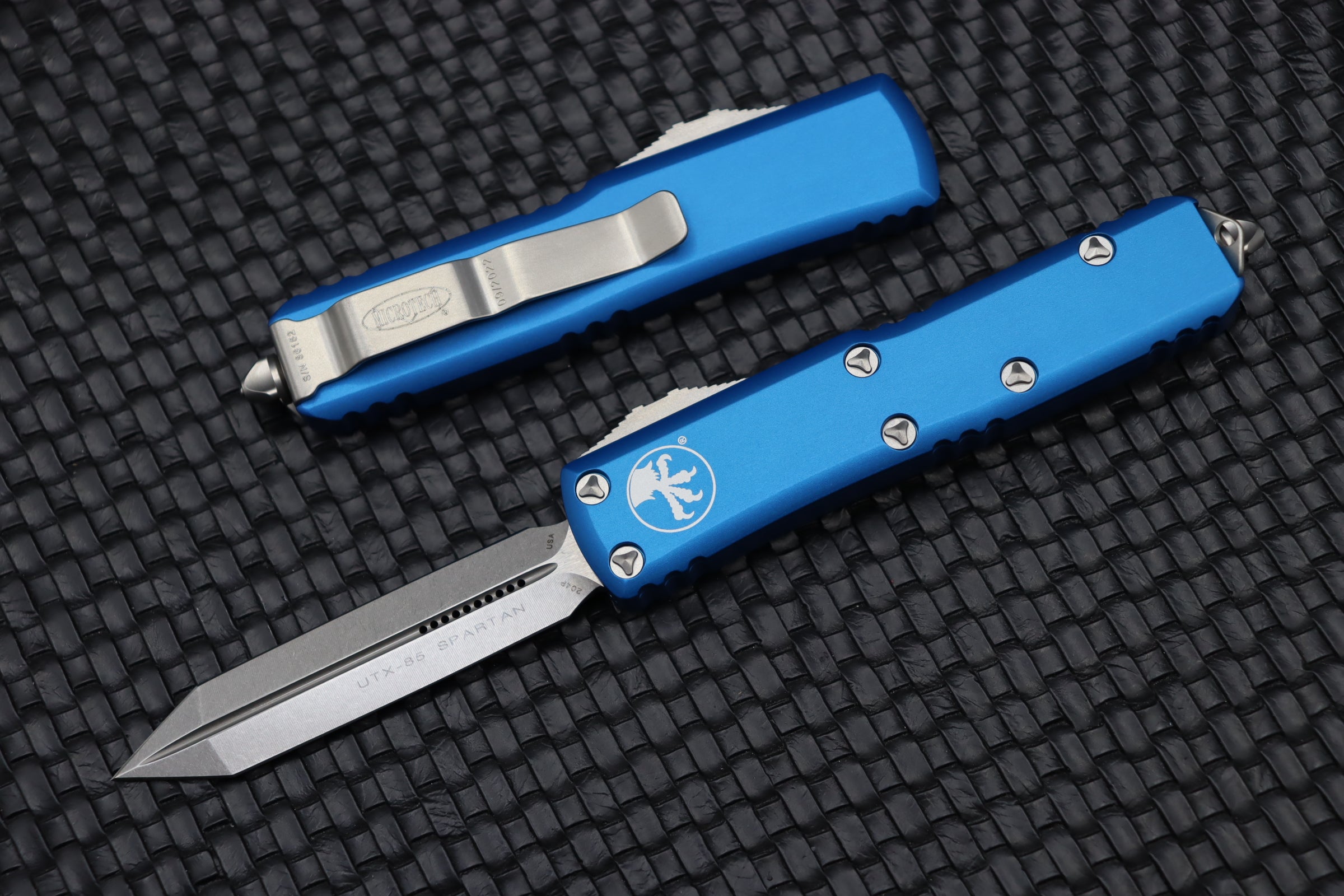 Microtech UTX-85 Spartan Stonewash EDC Knife - Premium M390 Blade & Blue Aluminum Handle