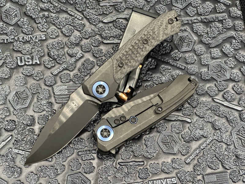 Heretic Knives Premium Wraith V3: Carbon Fiber & Blue Titanium Tactical Folding Knife