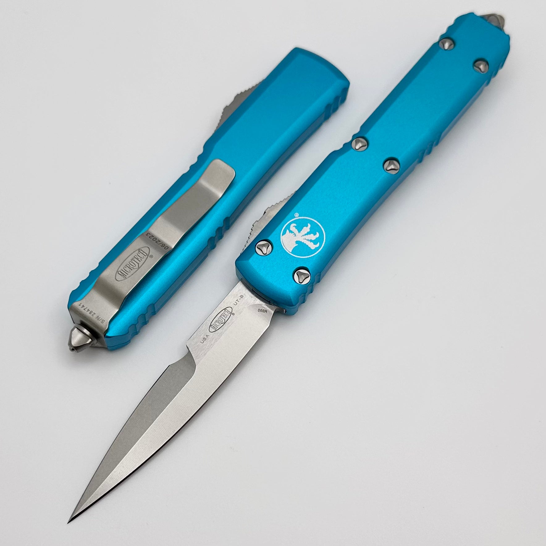 Microtech Ultratech Premium OTF Knife - Bayonet Grind with Stonewash Finish & Turquoise Handle