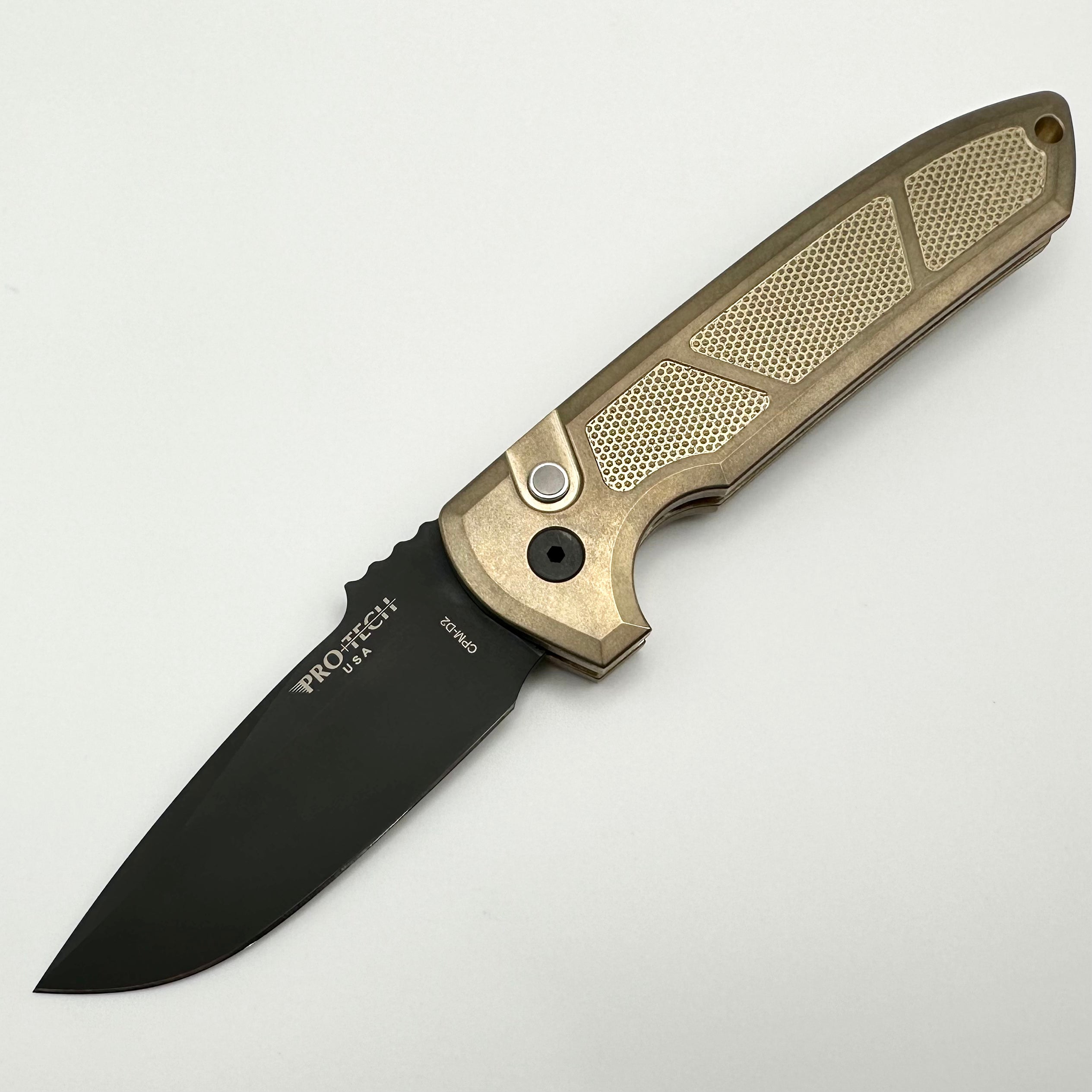 Pro-Tech Les George Rockeye Premium Folding Knife - Textured AlBronze Handle with Mother of Pearl Button & DLC CPM-D2 Blade