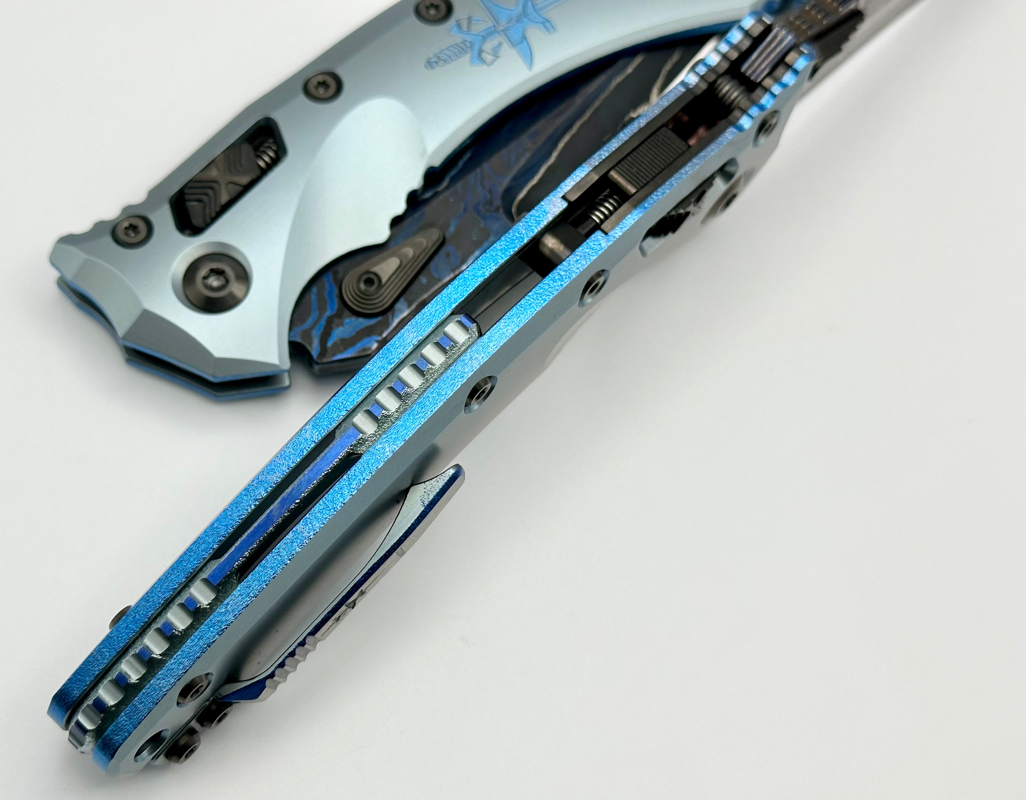 Marfione Custom Knives Amphibian RAM-LOK Metroid Broken Anvil Damascus & Ice Blue Stippled Titanium Dagger