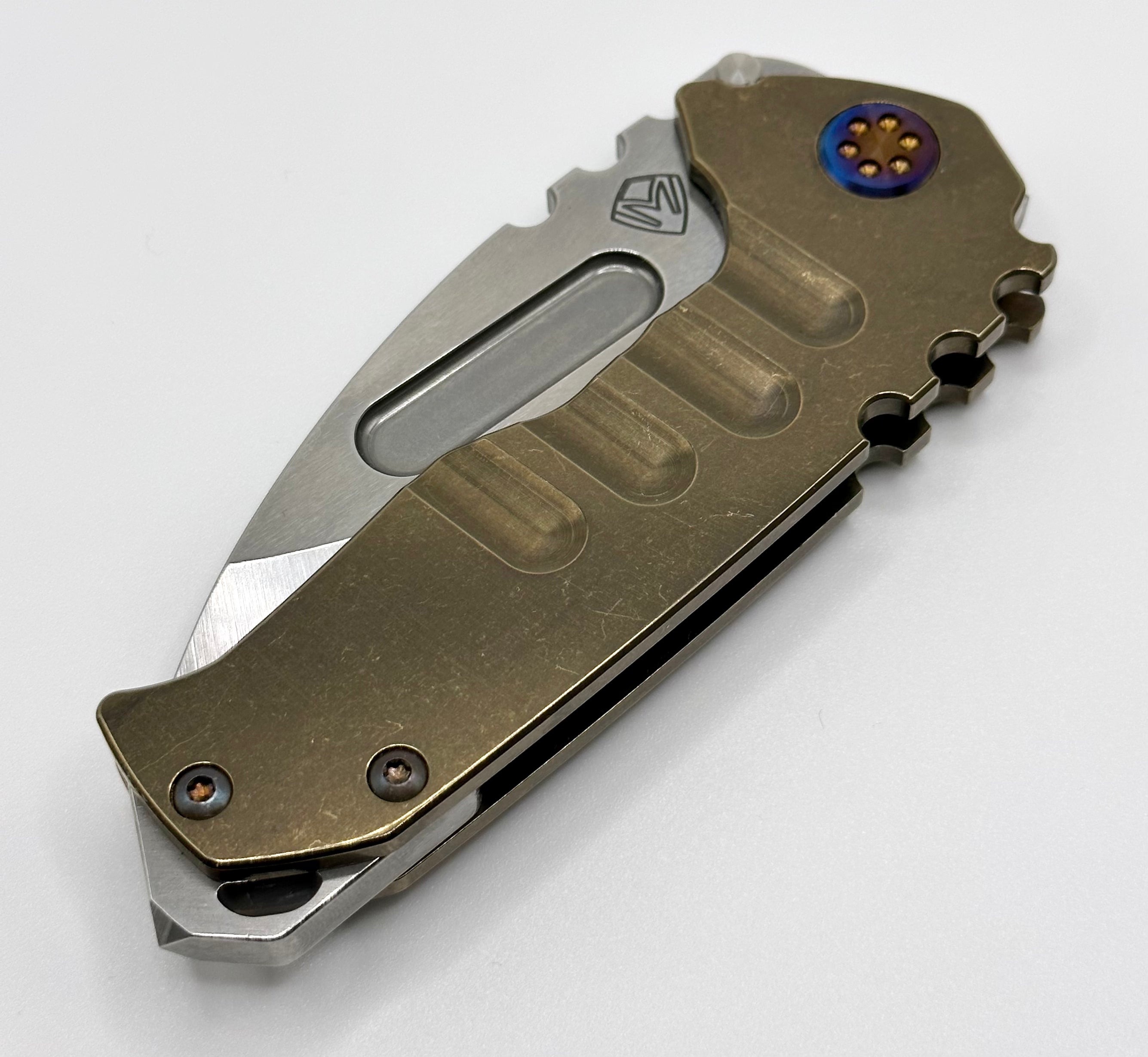 Medford Praetorian Genesis T S35VN Tumbled Drop Point Knife with Bronze Handles & Flamed Hardware