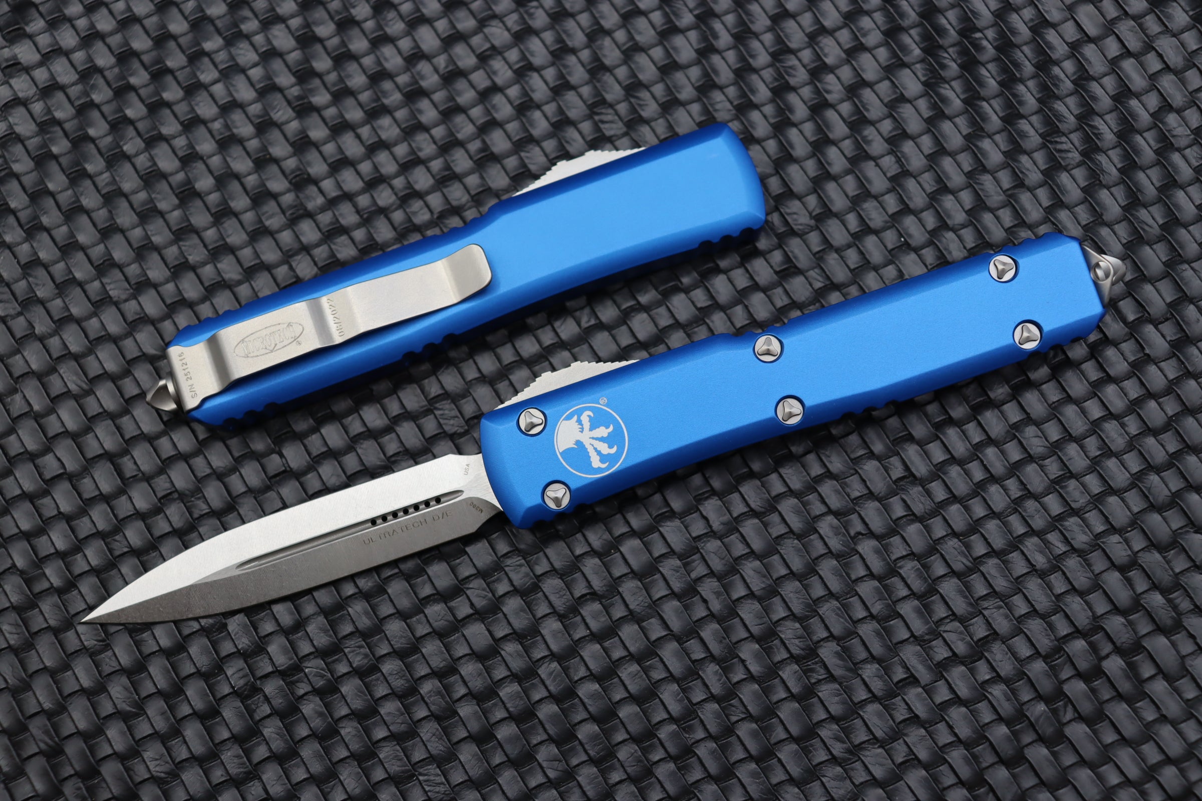 Microtech Ultratech Premium Double Edge Tactical Knife - Stonewash & Blue