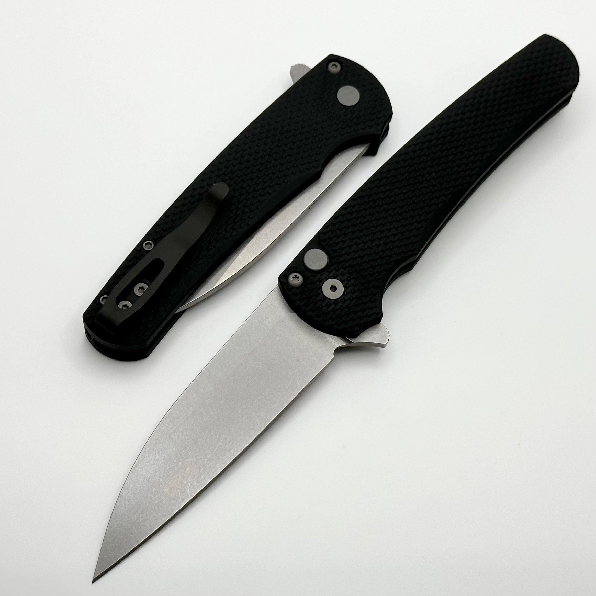 Ultimate Pro-Tech Malibu: Premium Textured Black Handle with Black Hardware & Stonewash MagnaCut Wharncliffe Blade