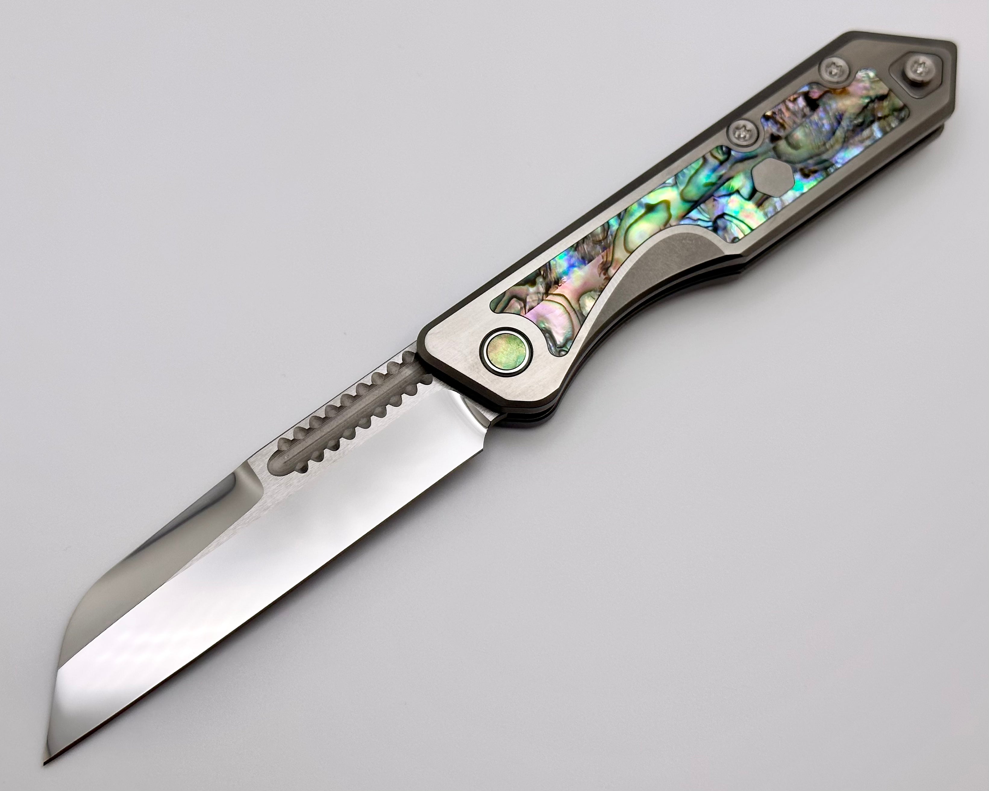 Heretic Knives Jinn Custom Titanium Folding Knife - Premium Abalone Inlay & Mirror Polished Elmax Blade
