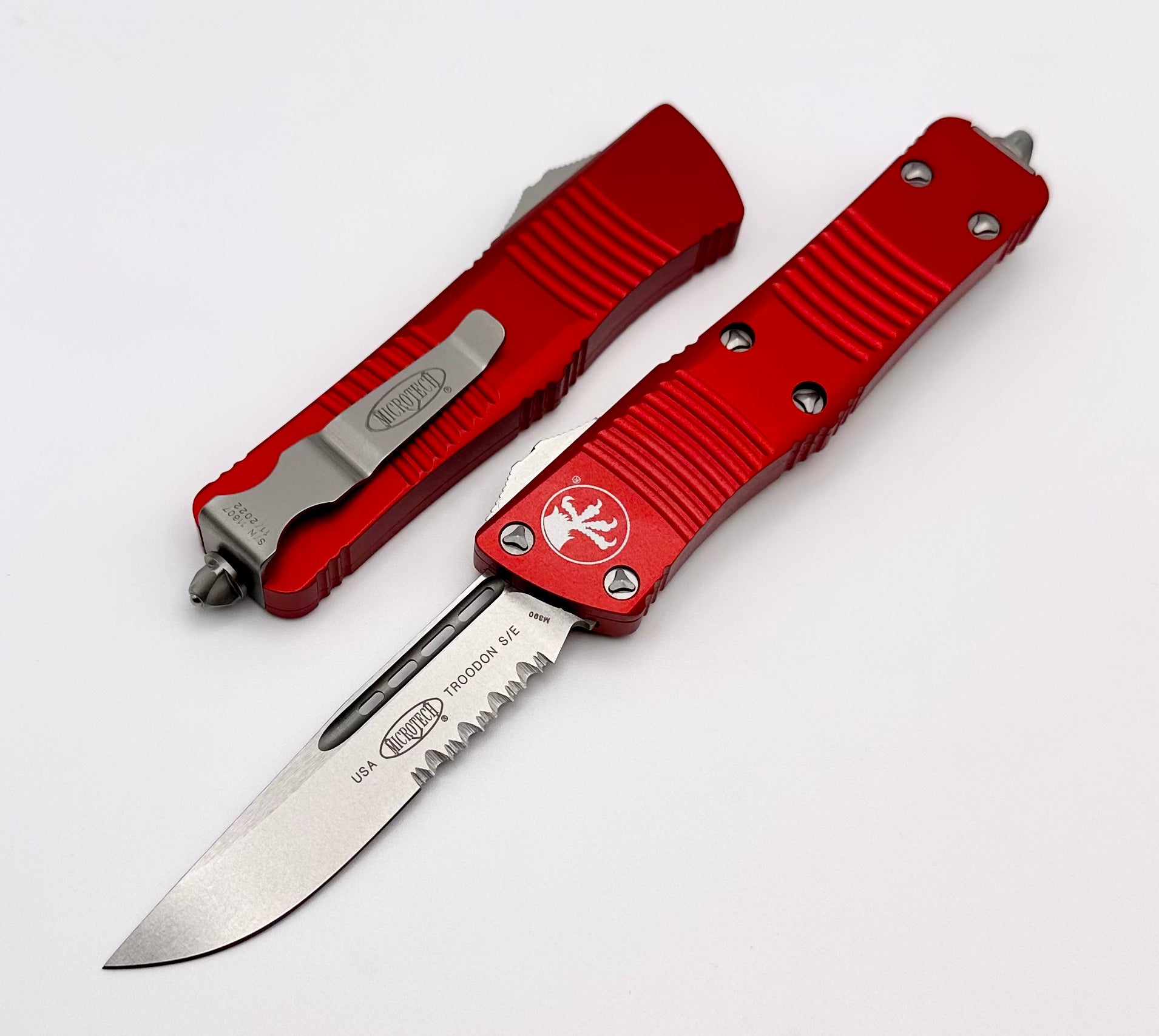 Premium Microtech Troodon Single Edge Knife - Stonewash Finish & Red Handle