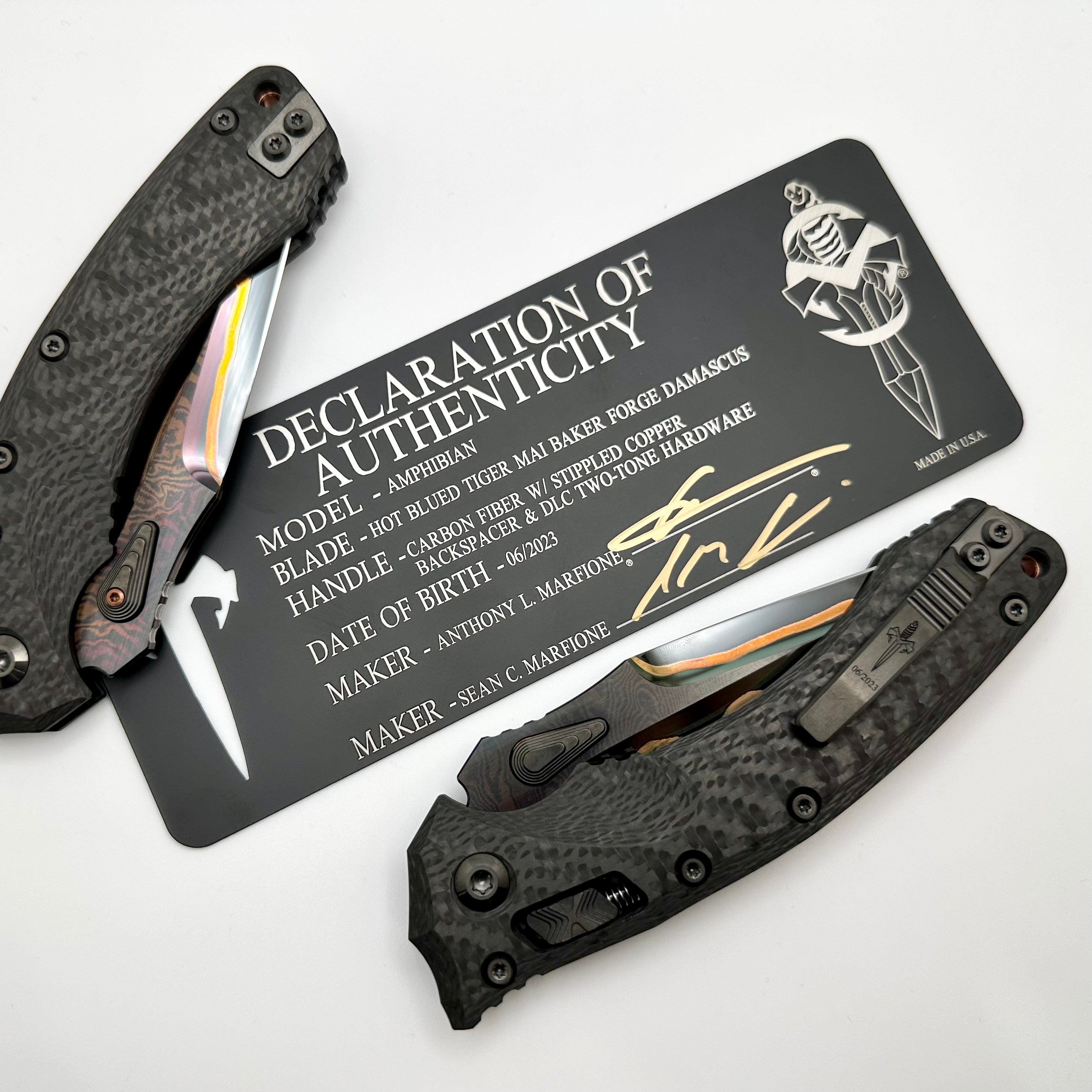 Premium Marfione Custom Amphibian RAM-LOK Knife: Hot Blued Tiger Mai Damascus & Carbon Fiber Handles