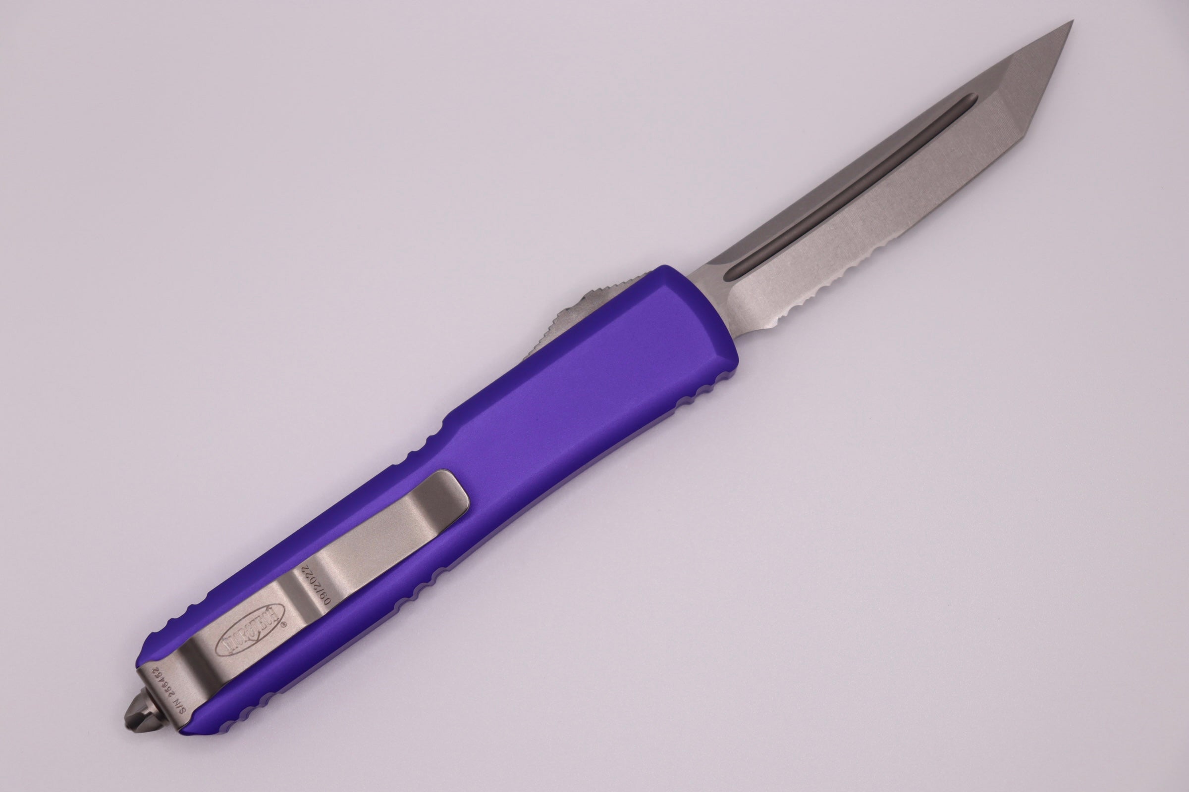 Premium Microtech Ultratech Tanto Knife - Stonewash Partial Serrated Blade & Purple Handle