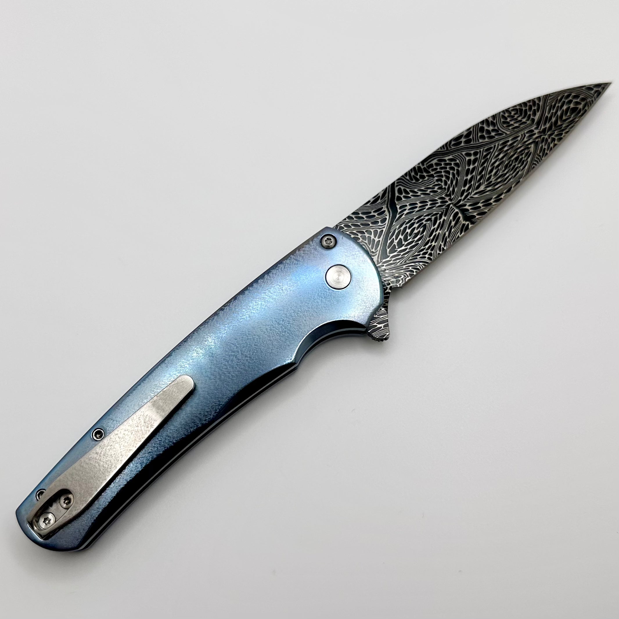 Pro-Tech Malibu Titanium Knife | Premium Blue Anodized Handle with Pearl Inlays & Chad Nichols Damascus Blade