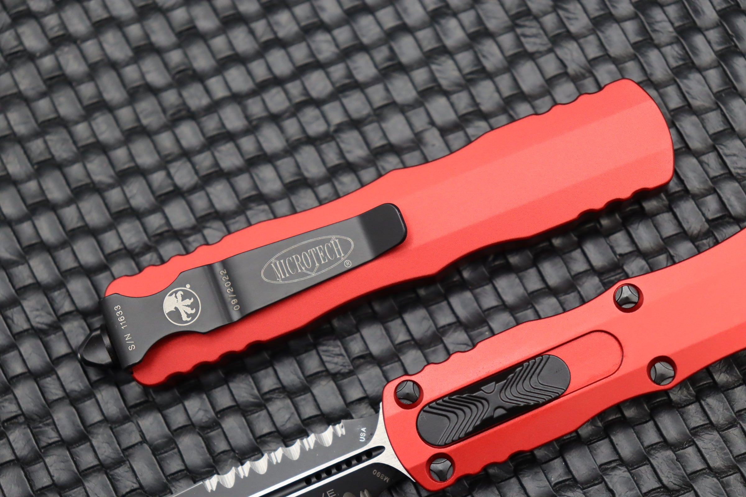 Premium Microtech Dirac D/E Partial Serrated Knife with Red Handle