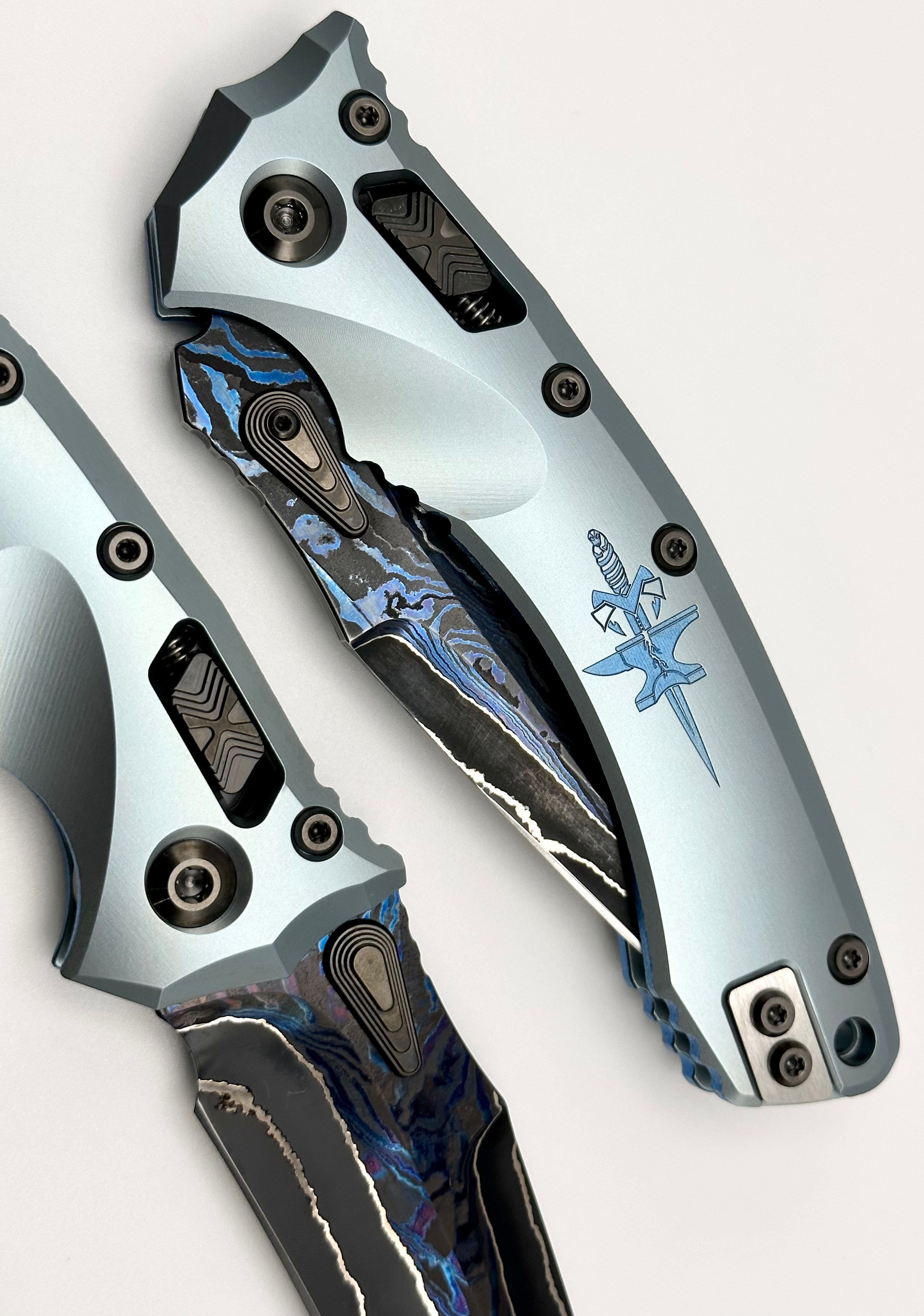 Marfione Custom Knives Amphibian RAM-LOK Metroid Broken Anvil Damascus & Ice Blue Stippled Titanium Dagger