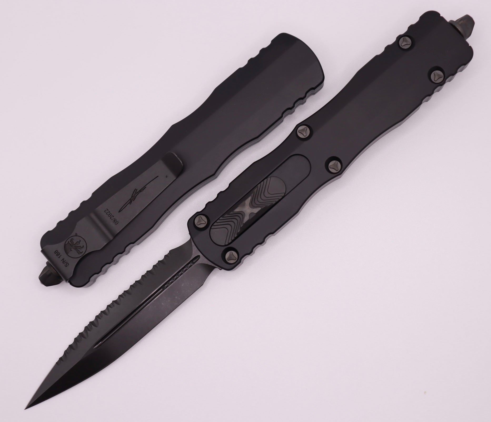 Microtech Dirac Delta Premium OTF Knife - Double Edge DLC Shadow Fully Serrated