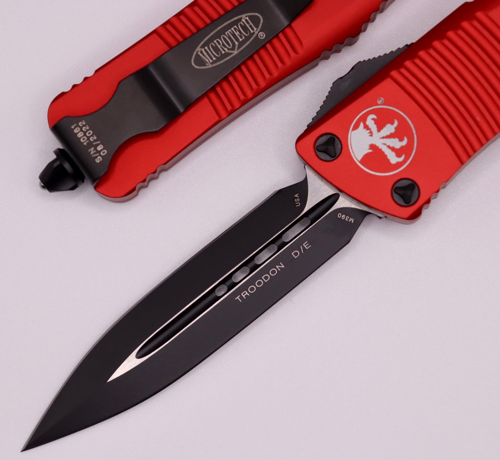 Microtech Troodon Black Double Edge OTF Knife with Red Accents - Ultimate Precision Tool