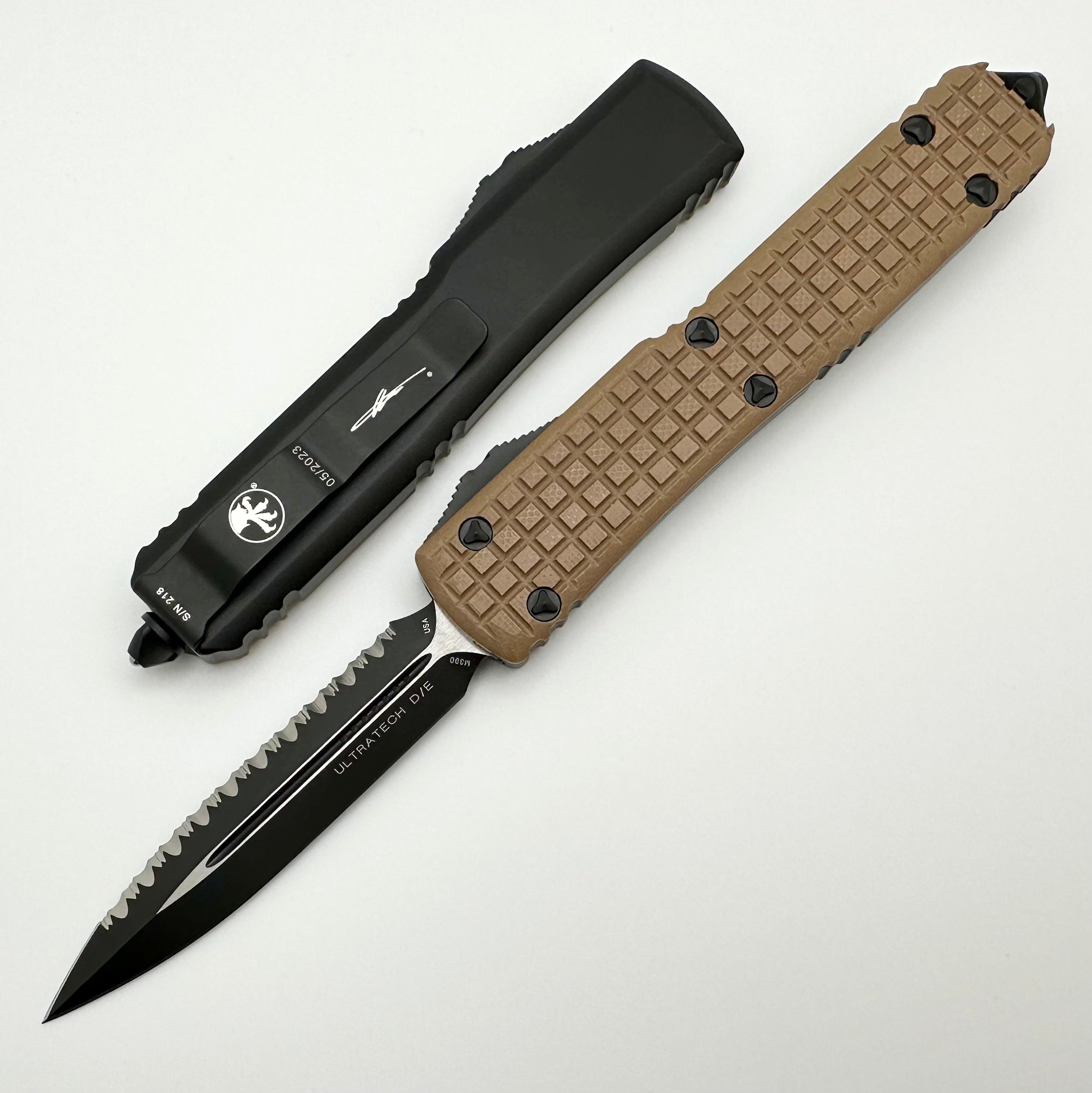 Microtech Ultratech Tactical Knife - Premium Tan G-10 Handle & Double Edge Serrated Blade