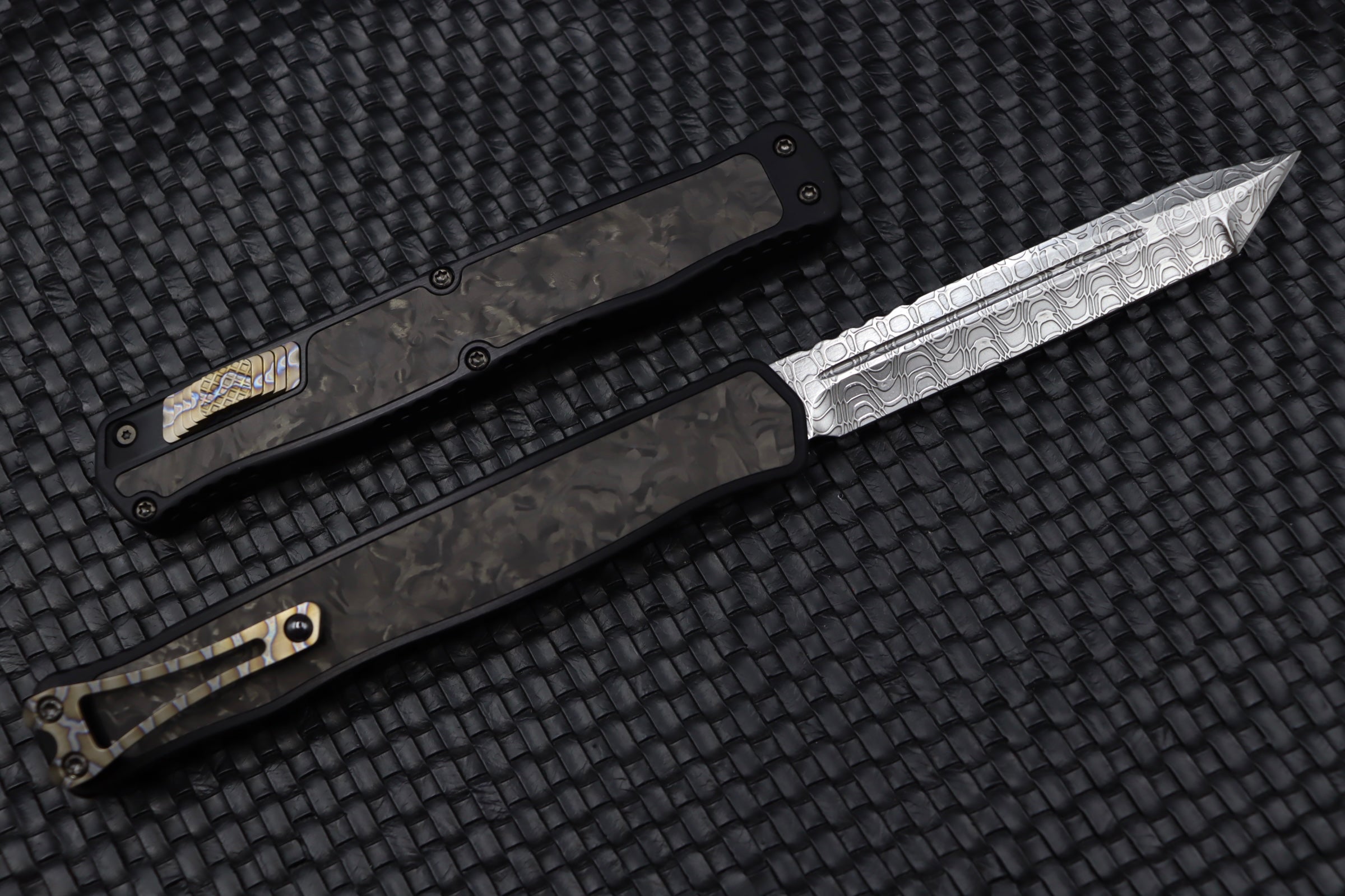 Premium Heretic Knives Cleric II: Ultimate Damascus Tanto with Marble Carbon Fiber Inlays & Flamed Accents