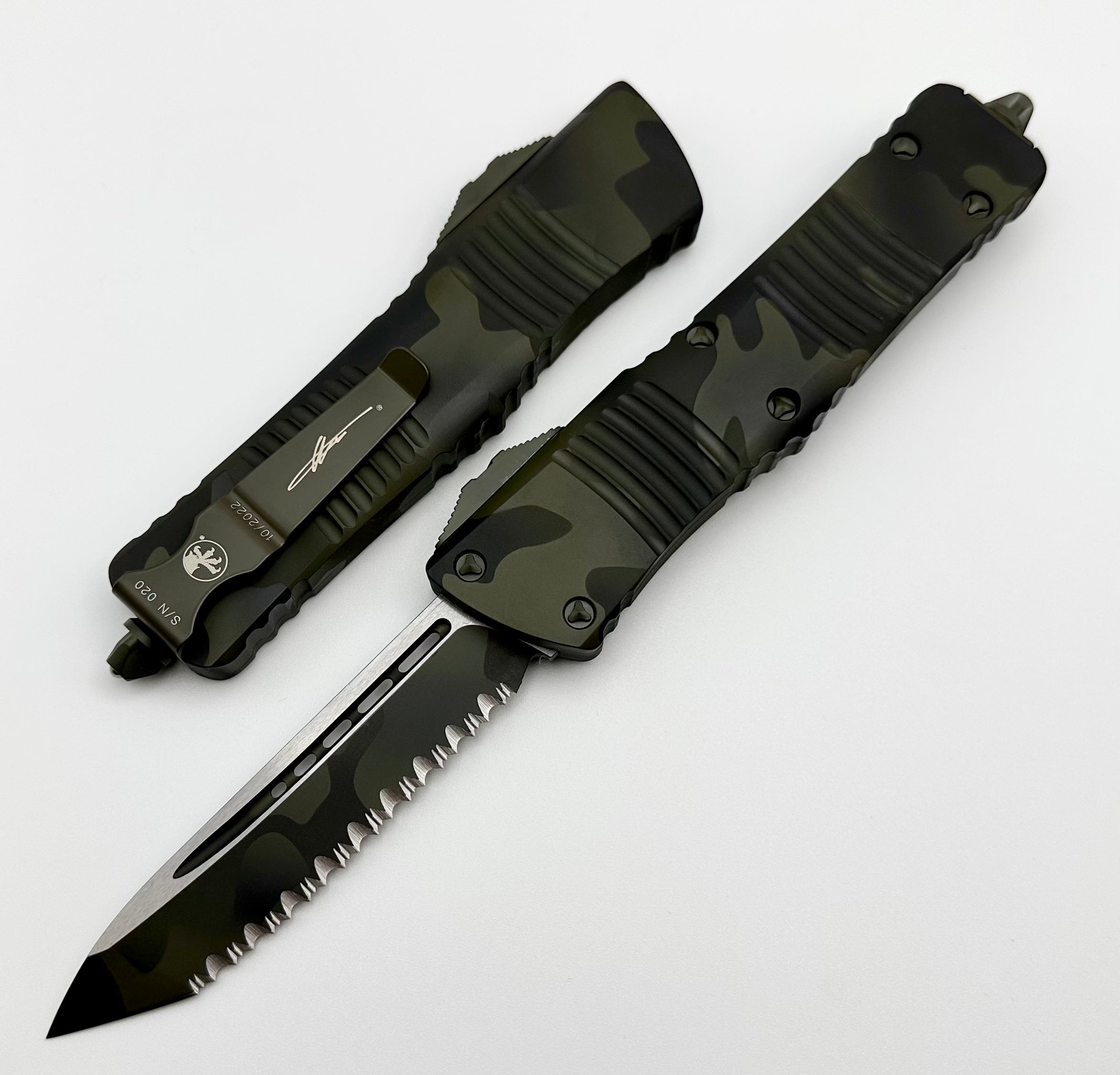 Premium Microtech Combat Troodon Tactical Knife - OD Green Camo Tanto Full Serrated