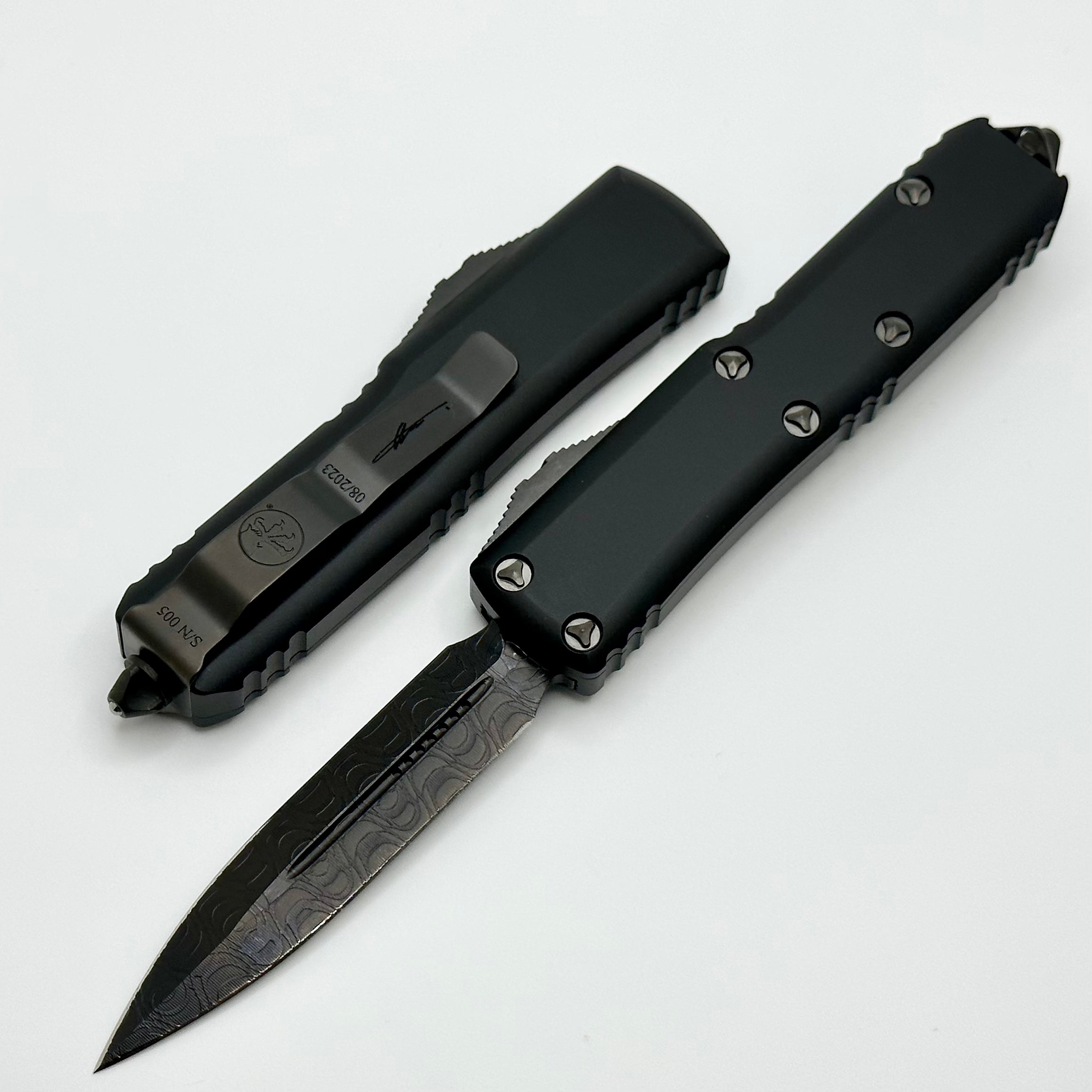 Microtech UTX-85 Premium EDC Knife - Double Edge DLC Damascus Shadow Series