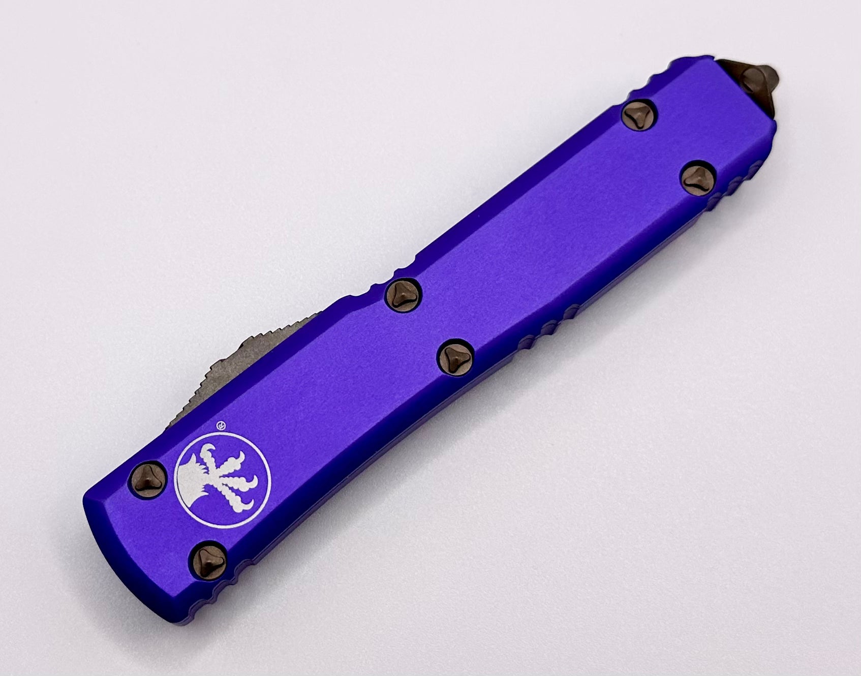 Premium Microtech Ultratech OTF Knife - Bronze Apocalyptic & Purple Double Edge