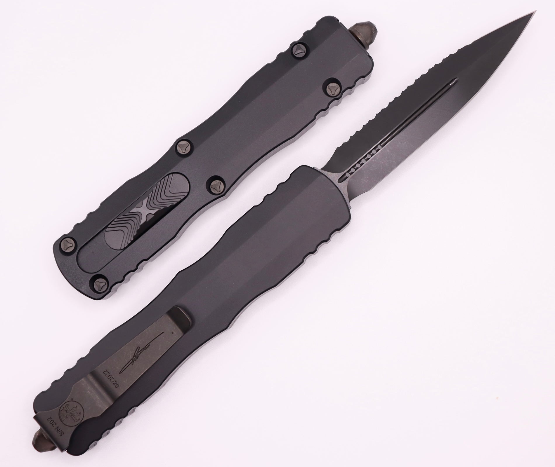 Microtech Dirac Delta Premium OTF Knife - Double Edge DLC Shadow Fully Serrated