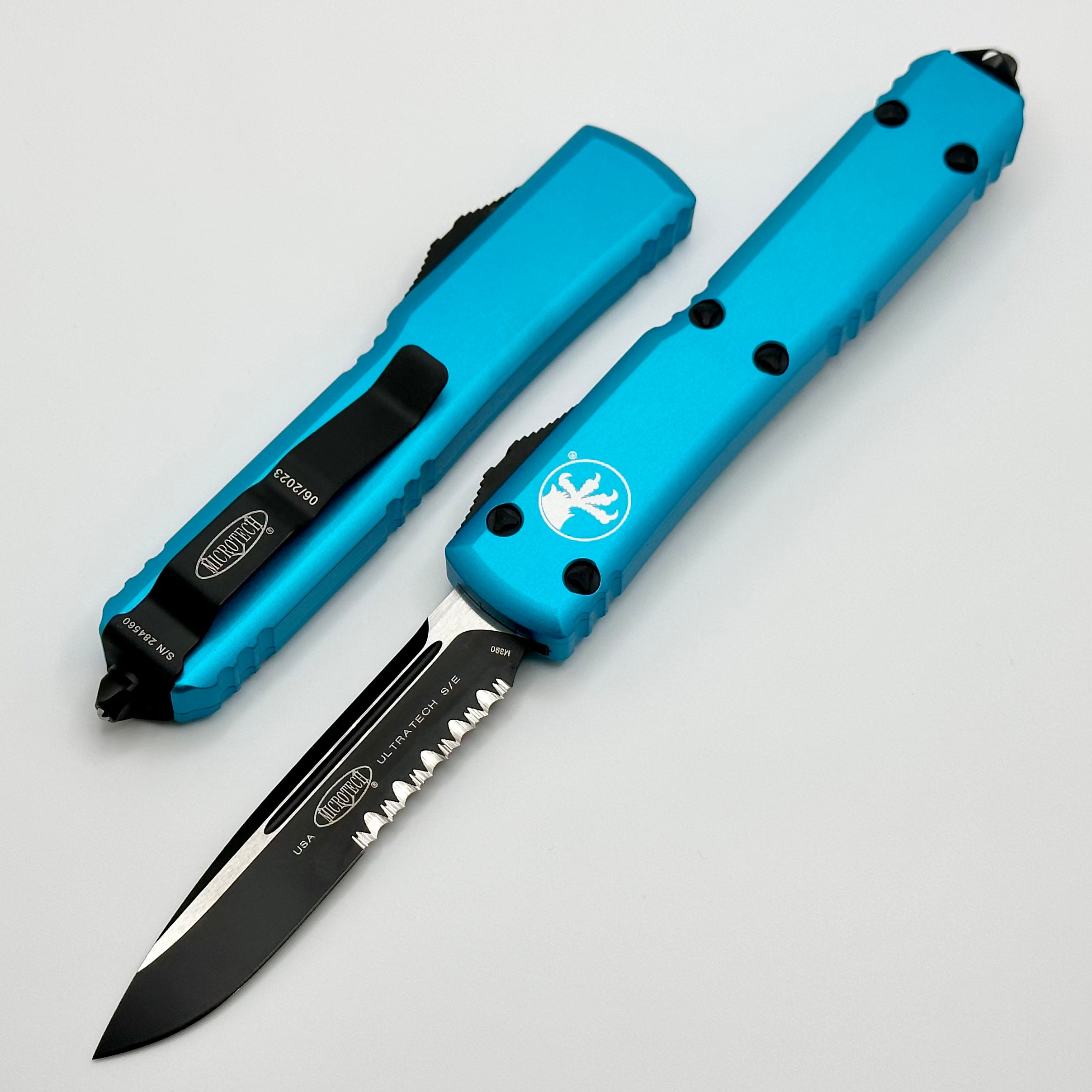 Microtech Ultratech Premium Black S/E Partial Serrated Blade with Turquoise Accents