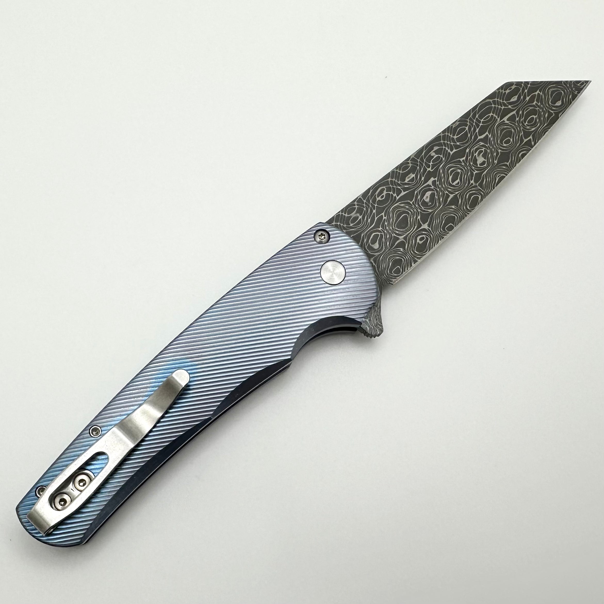 Pro-Tech Malibu Ultimate Custom Knife: Blue Titanium Handle with Pearl Button & Vegas Forge Damascus Blade