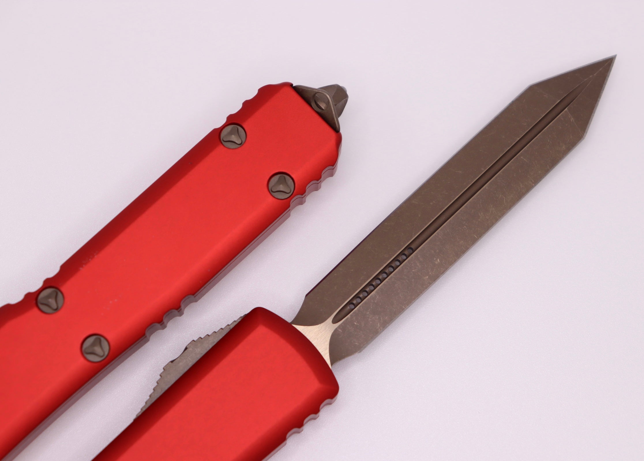 Microtech Ultratech Spartan Bronzed Apocalyptic Knife with Red Accents - Ultimate OTF Blade