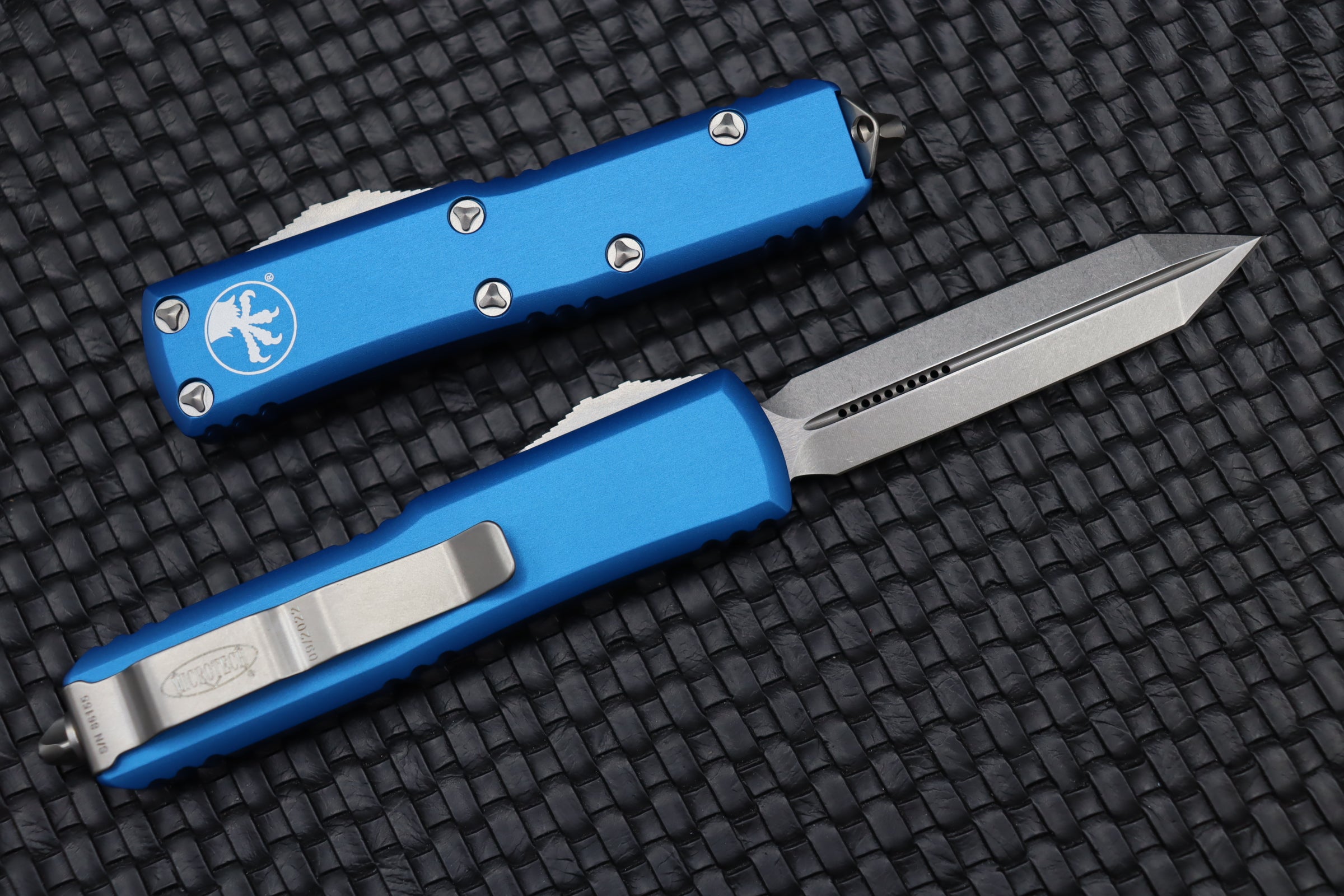 Microtech UTX-85 Spartan Stonewash EDC Knife - Premium M390 Blade & Blue Aluminum Handle