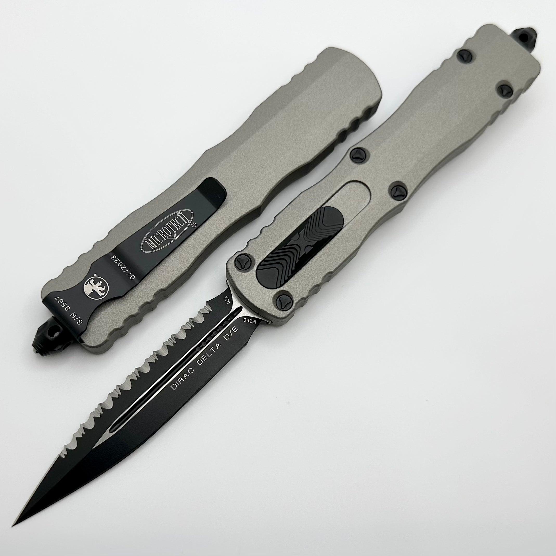 Microtech Dirac Delta Ultimate Double Edge Serrated Titanium Gray OTF Knife