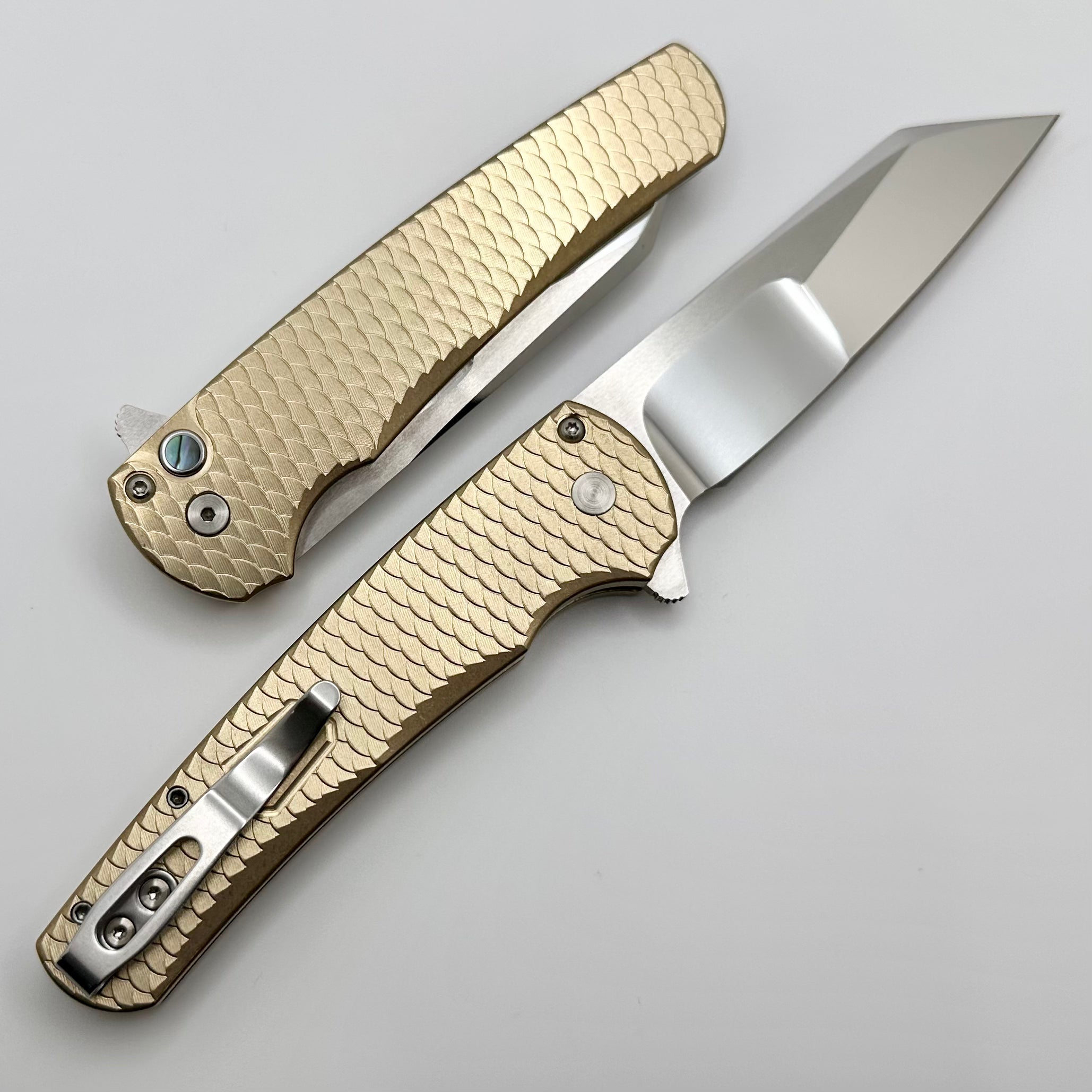 Pro-Tech Malibu Bronze Dragon Scale Titanium Folding Knife with Abalone Button & Mirror Tanto Blade