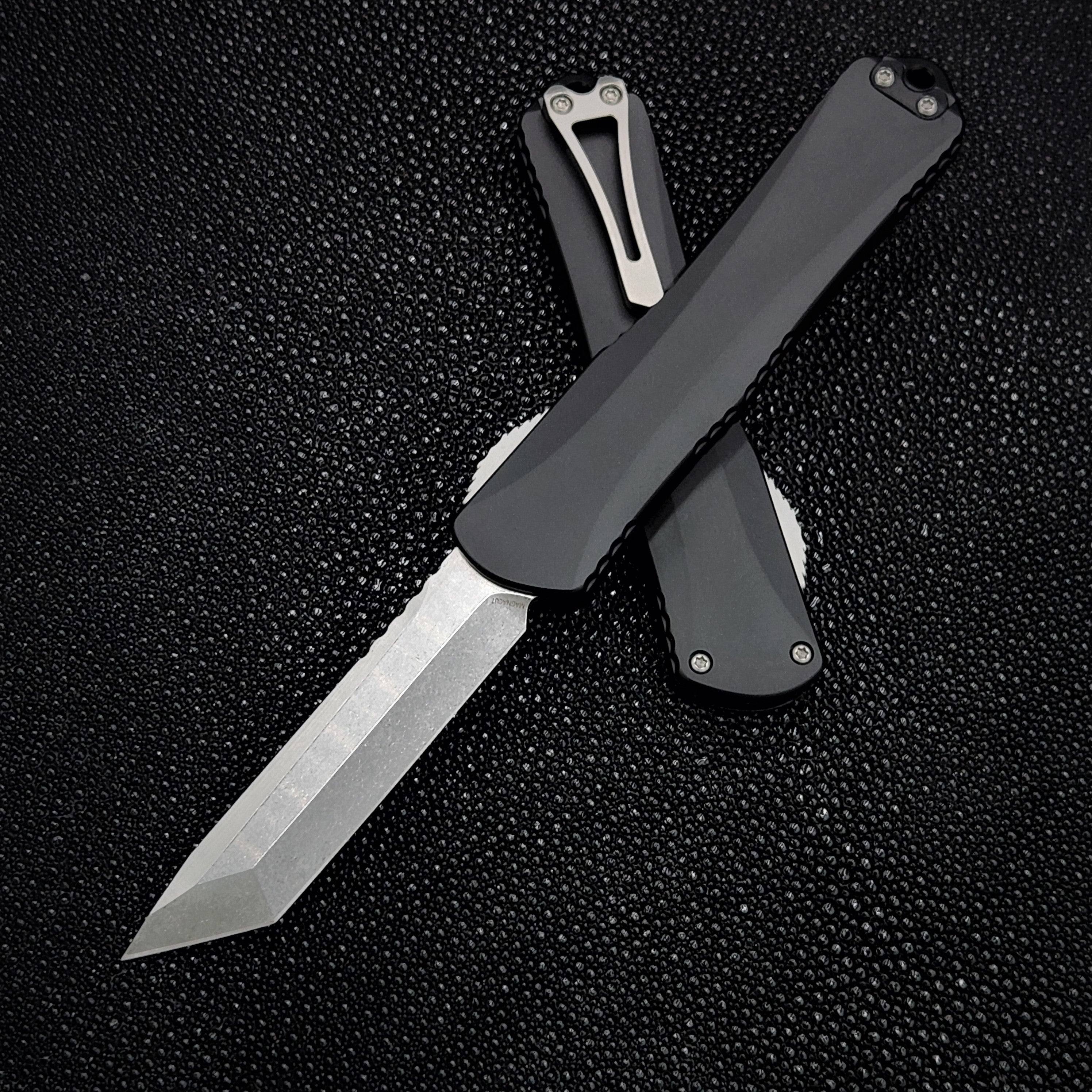 Heretic Knives Manticore X Premium OTF Knife - Black Handle & Stonewash Tanto MagnaCut