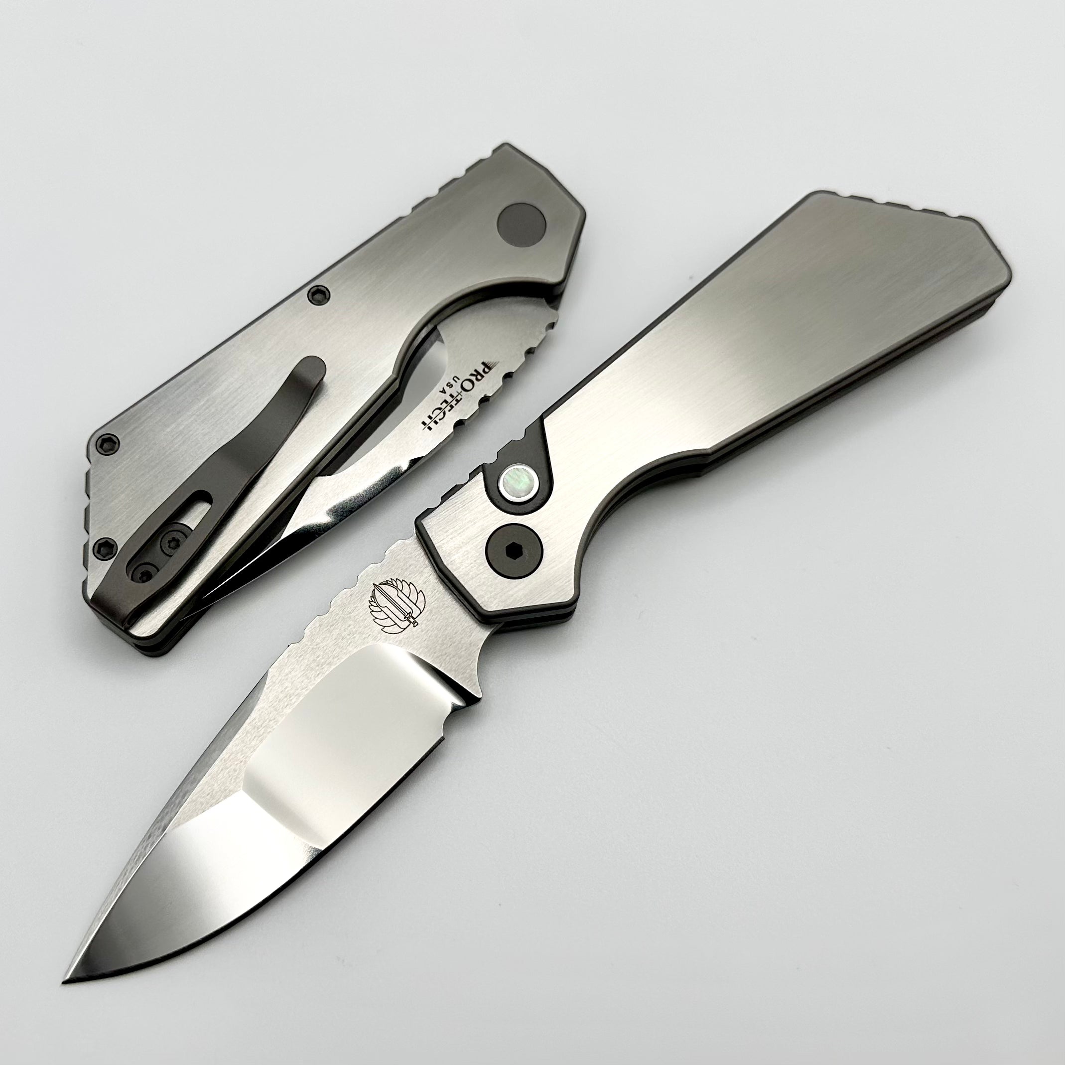 Pro-Tech PT Plus Custom Knife - Premium Satin/Blasted Handle with Black Lip Pearl Button & Mirrored Blade