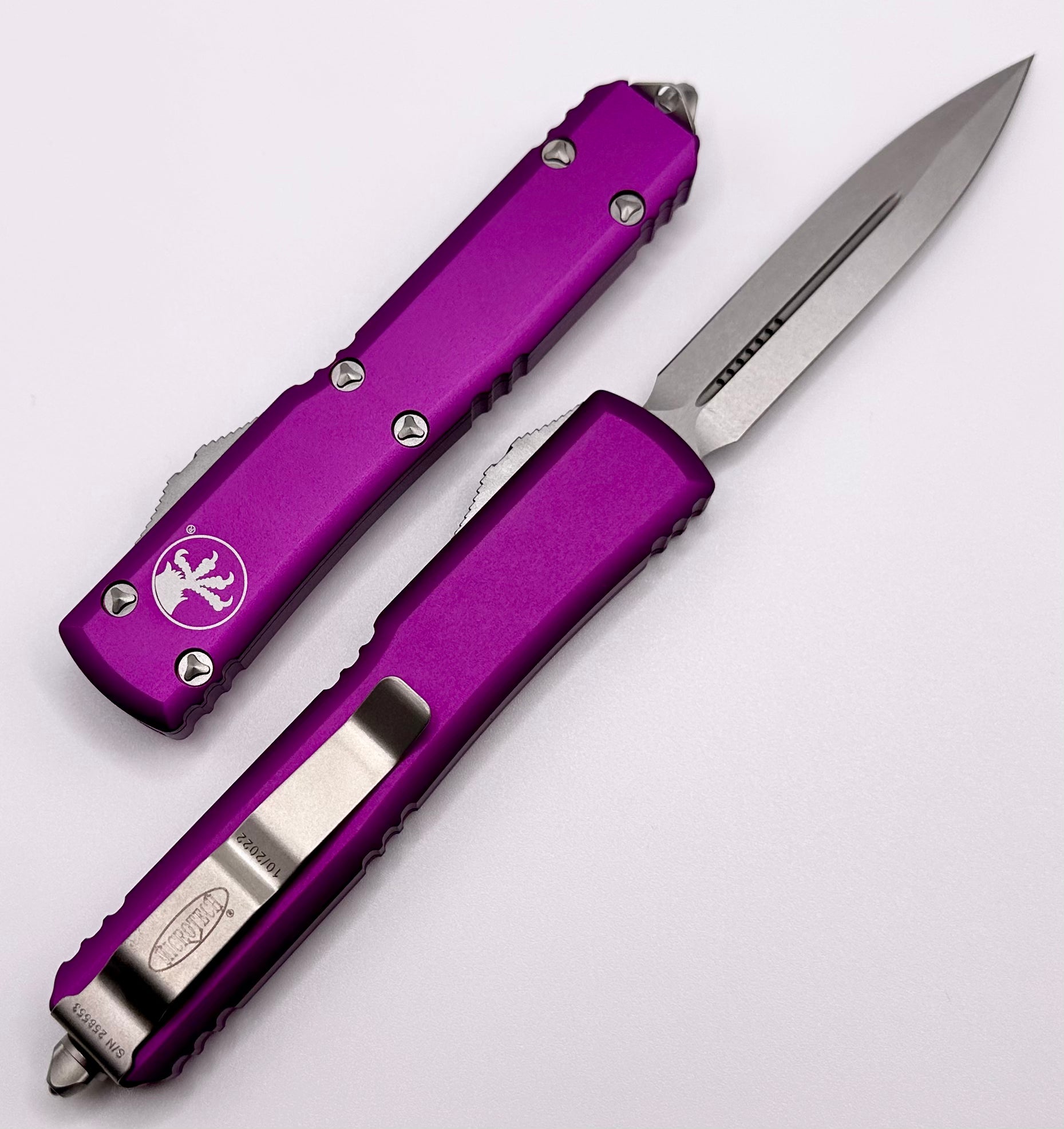 Premium Microtech Ultratech Double Edge Knife - Stonewash Finish & Violet Handle