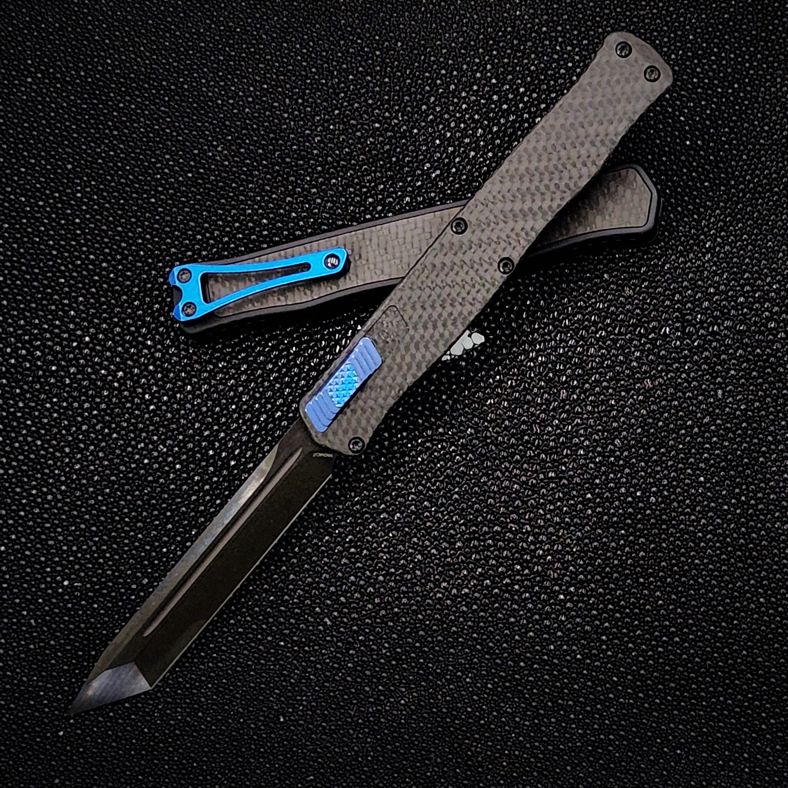 Premium Heretic Knives Cleric II Tanto - Carbon Fiber & Blue Titanium Edition