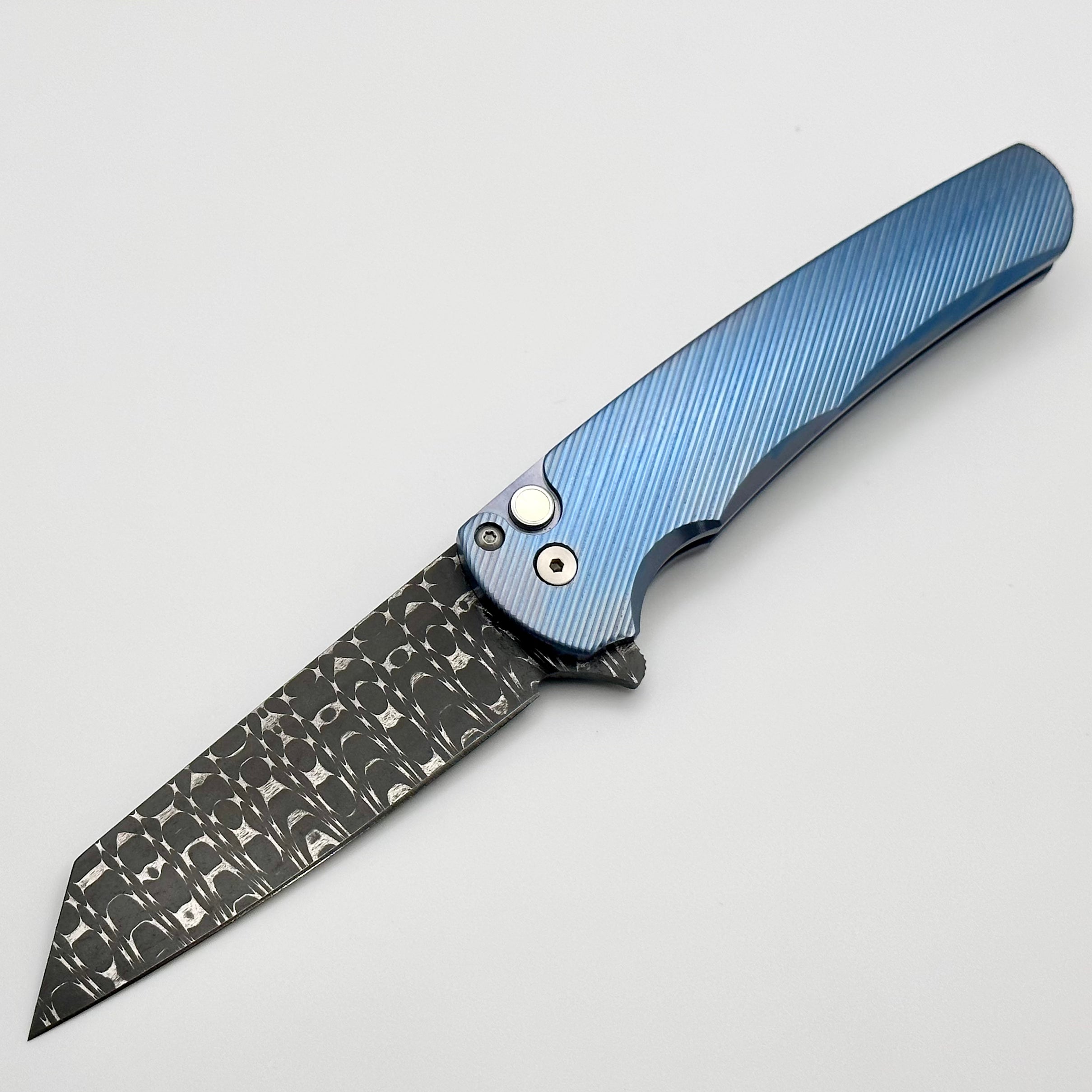 Ultimate Pro-Tech Malibu: Blue Titanium Handle with Pearl Button & Vegas Forge Razorwire Damascus Reverse Tanto Blade