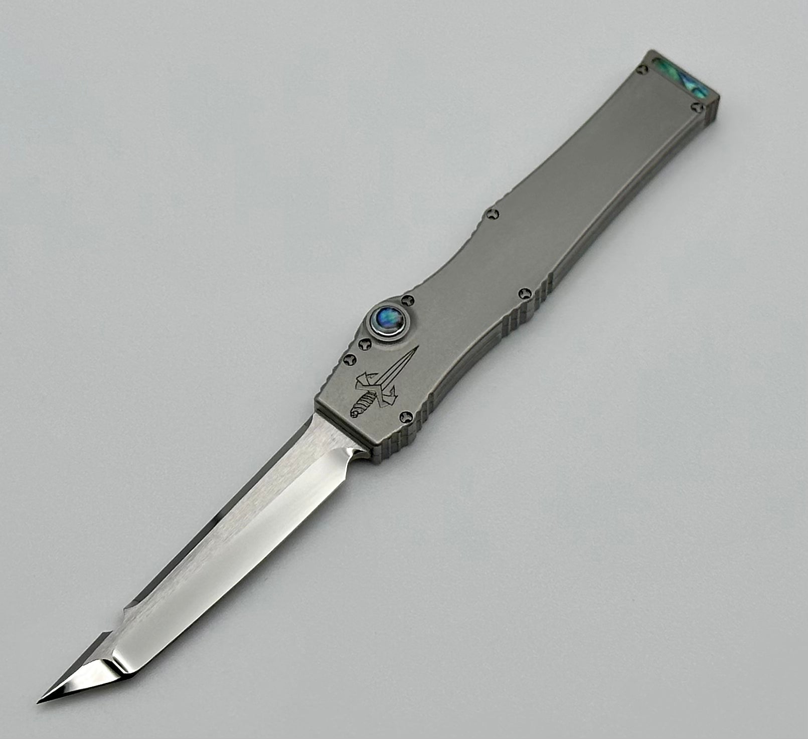 Premium Marfione Custom Halo III Mini Star Grind Mirror Polish Tanto Knife with Two-Tone Stainless Steel Handle & Abalone Inlays