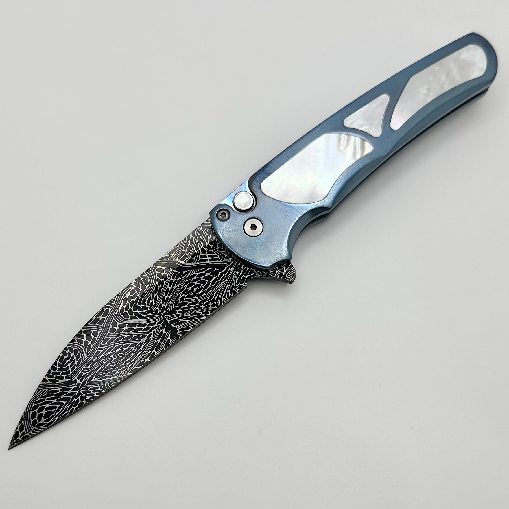 Pro-Tech Malibu Titanium Knife | Premium Blue Anodized Handle with Pearl Inlays & Chad Nichols Damascus Blade