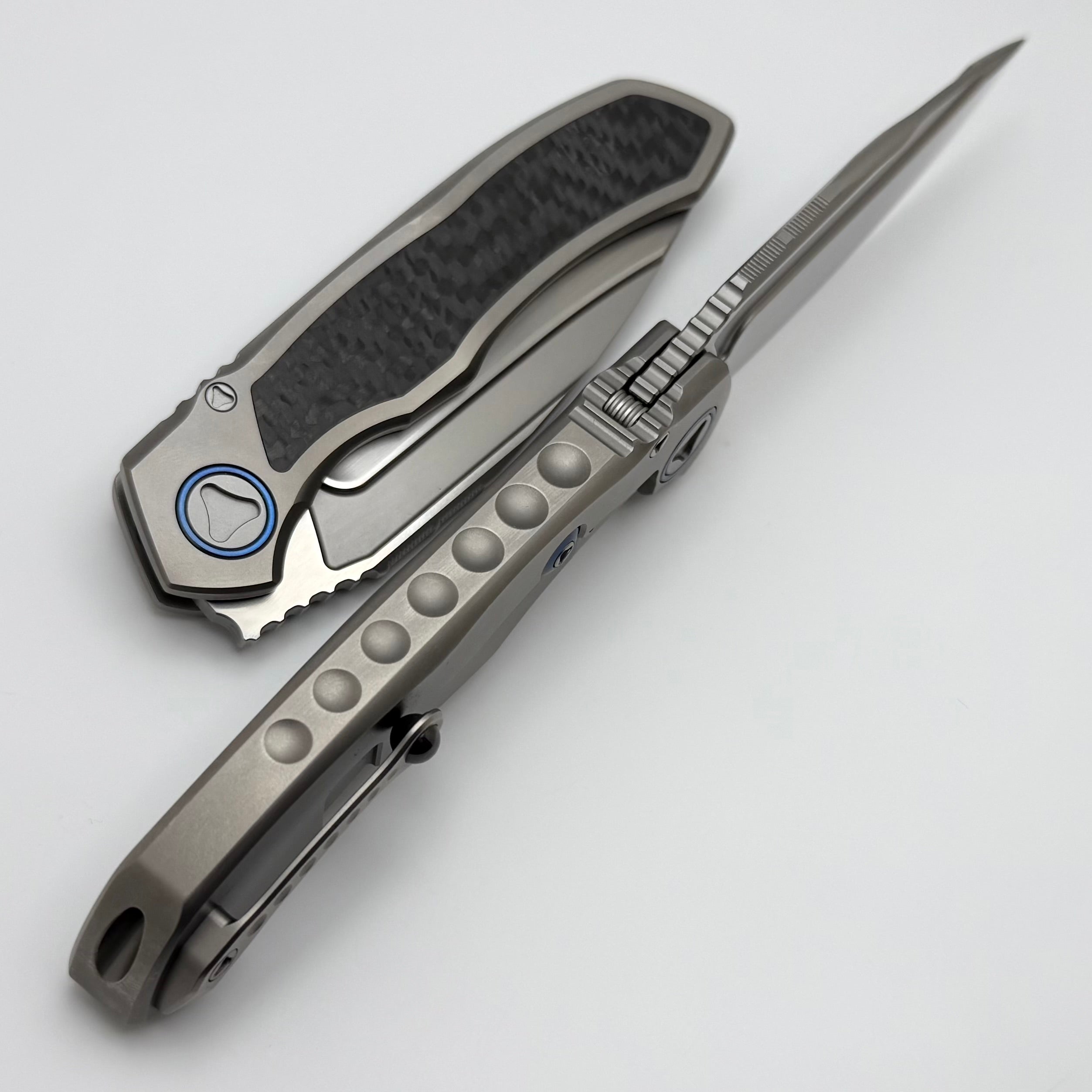 Premium Microtech ANAX Titanium Integral Knife with Carbon Fiber Inlay & Blue Titanium Accents